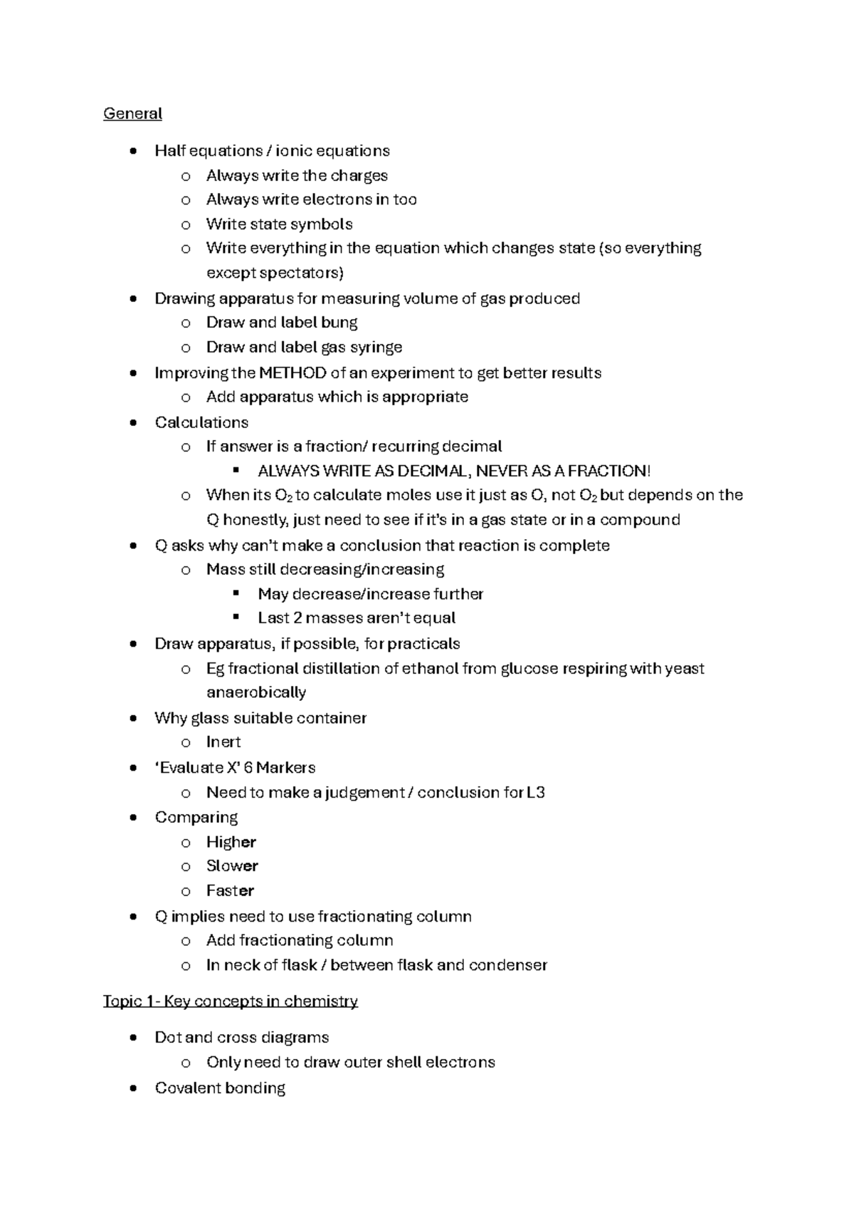 Chemistry Revision Notes: Key Concepts & Practical Methods - Studocu