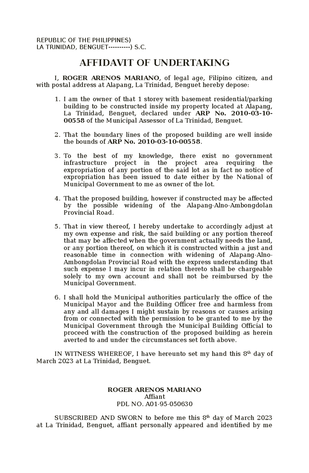 Affidavit of Undertaking for Building Construction in La Trinidad - Studocu