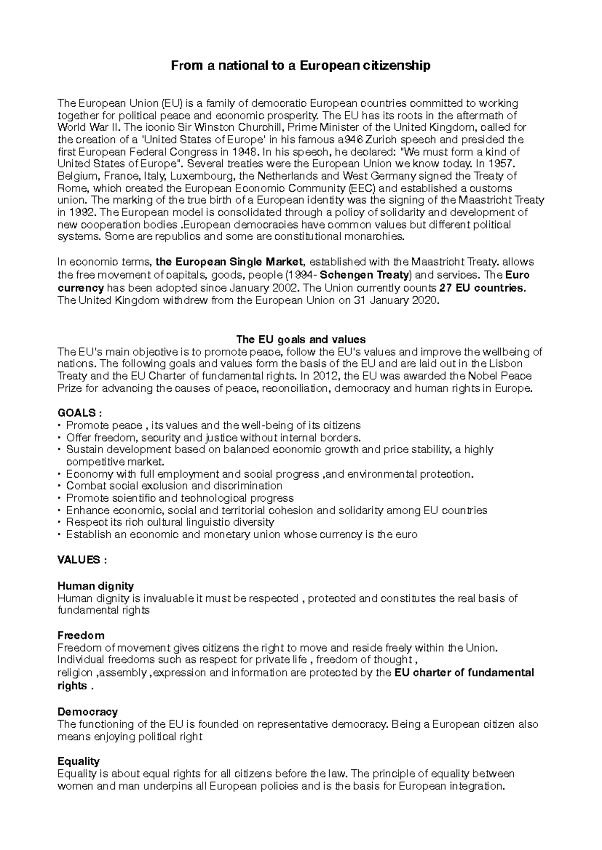 Goals and Values of the EU - From a national to a European citizenship ...