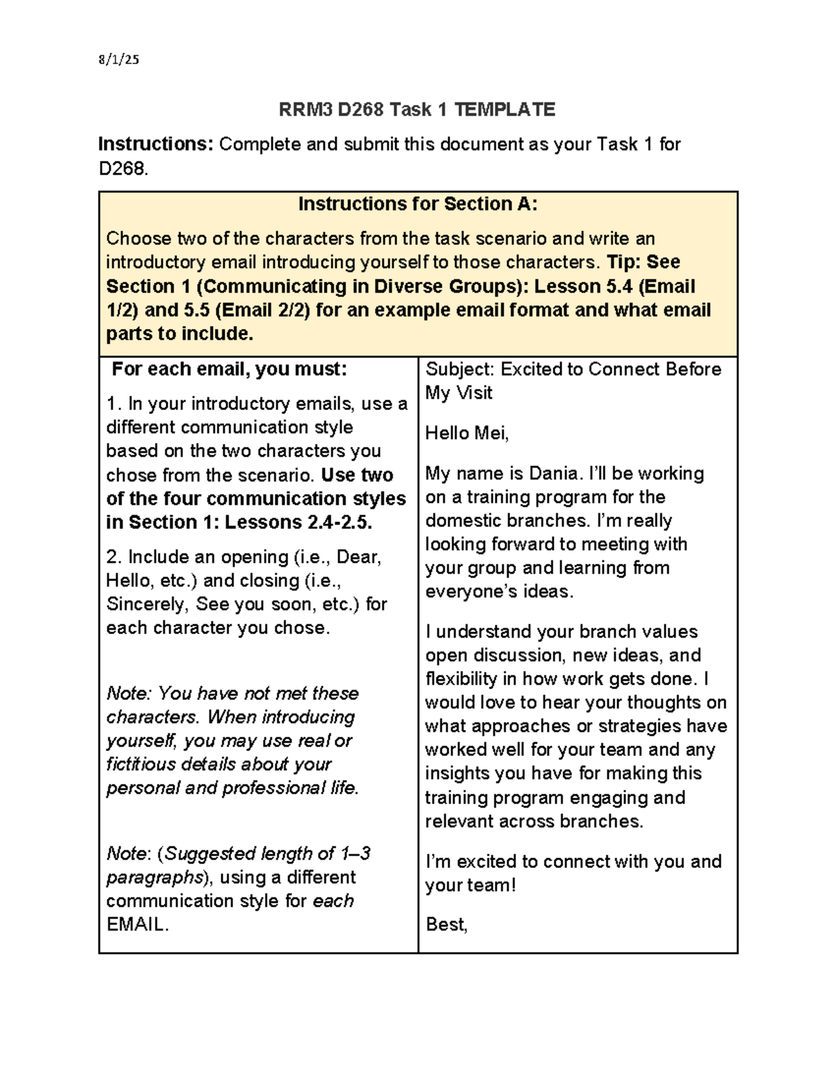 RRM3 D268 Task 1: Character Introduction Emails and Styles - Studocu