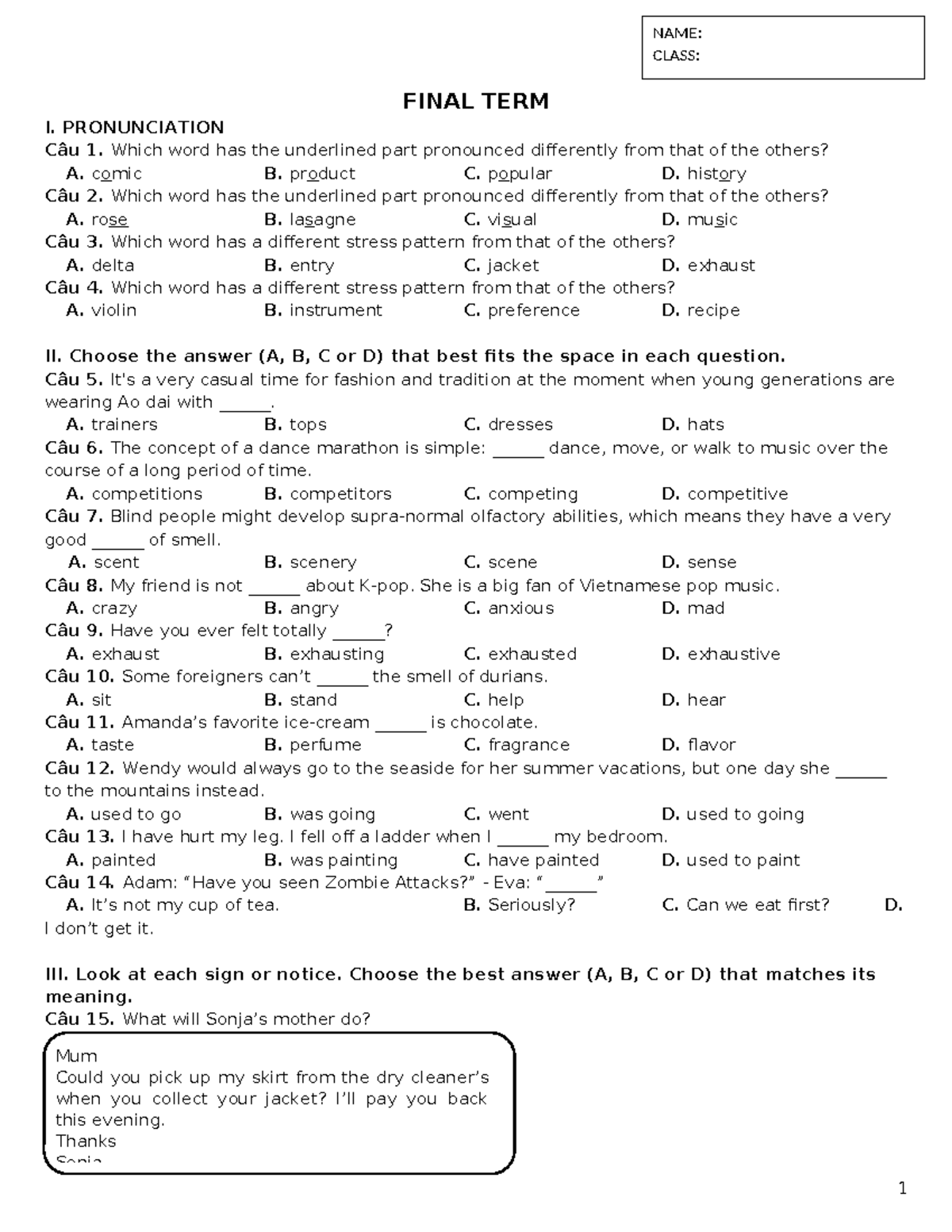 Tieng Anh 8 - Friends Plus: Review 1&2 Test 1 - Final Exam - Studocu