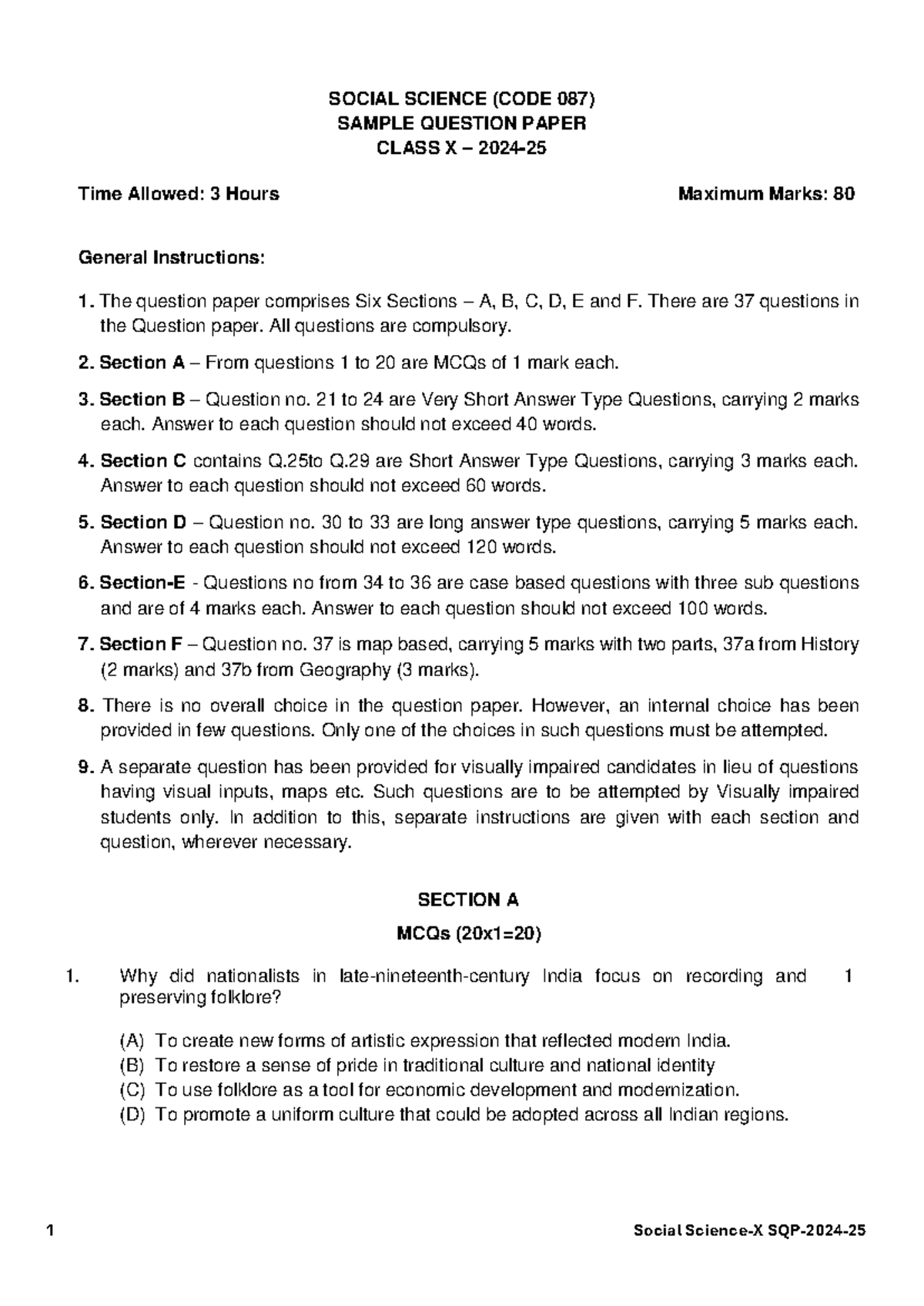 SOCIAL SCIENCE (CODE 087) SAMPLE QUESTION PAPER CLASS X - Important ...