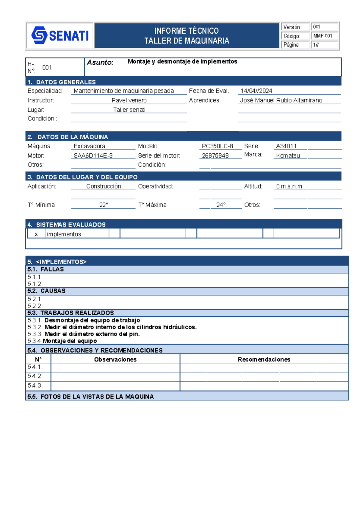 Informe Técnico MMP-001: Montaje y Desmontaje PC350LC-8 - Document Preview