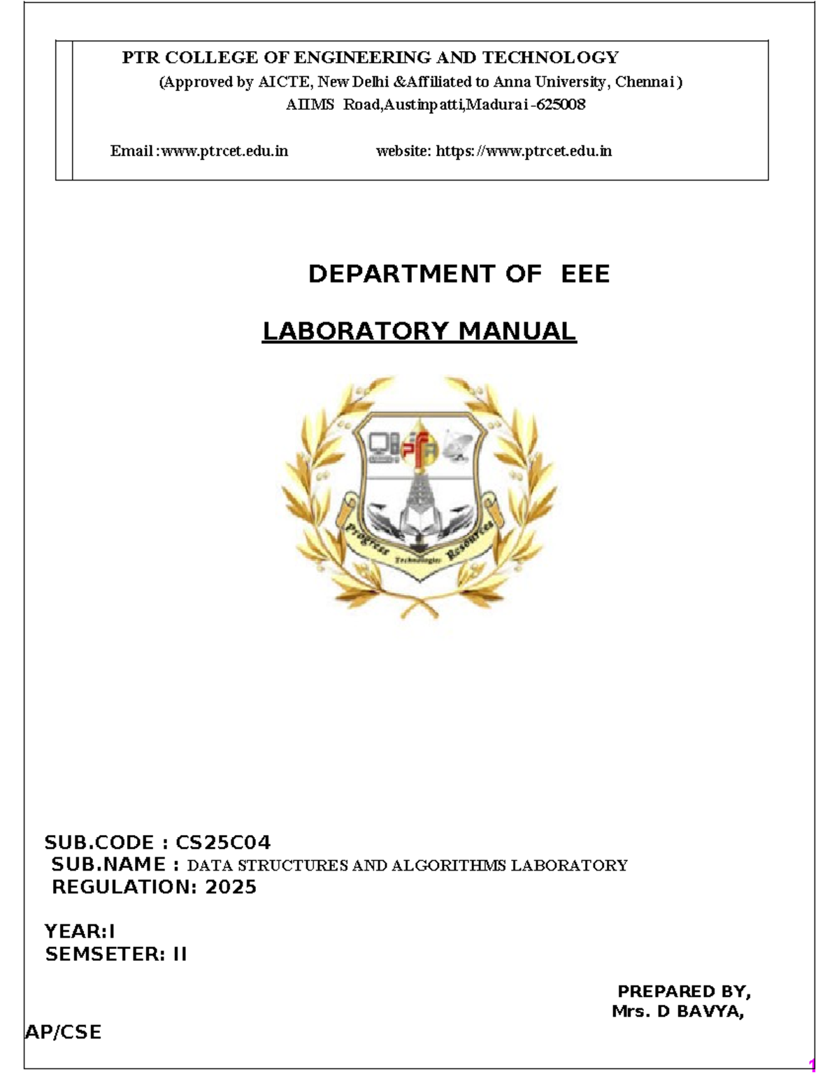 DS LAB EEE - CS25C04 Data Structures & Algorithms Lab Manual - Studocu
