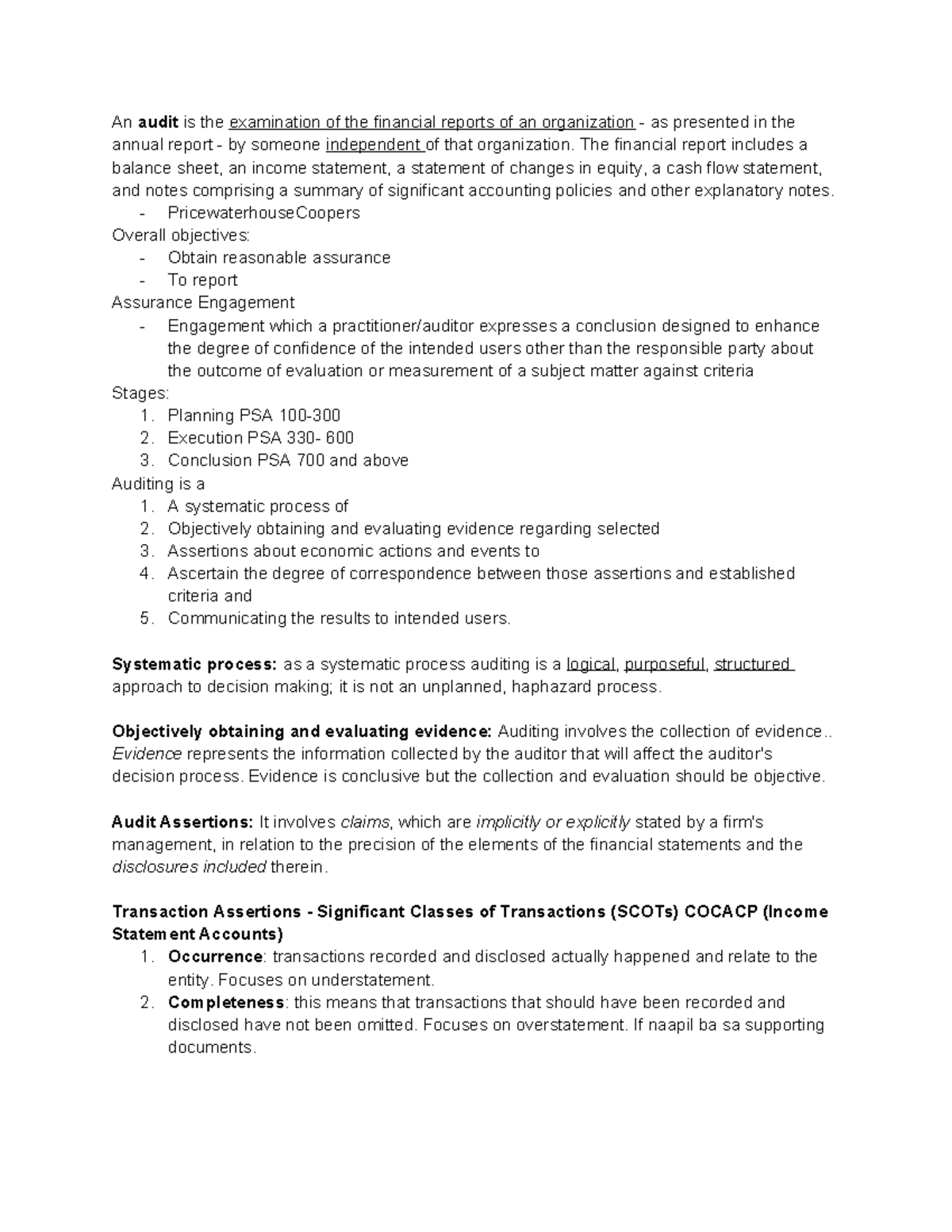 Auditing and Assurance (ACC 101): Chapter 1 Review Notes - Document Preview