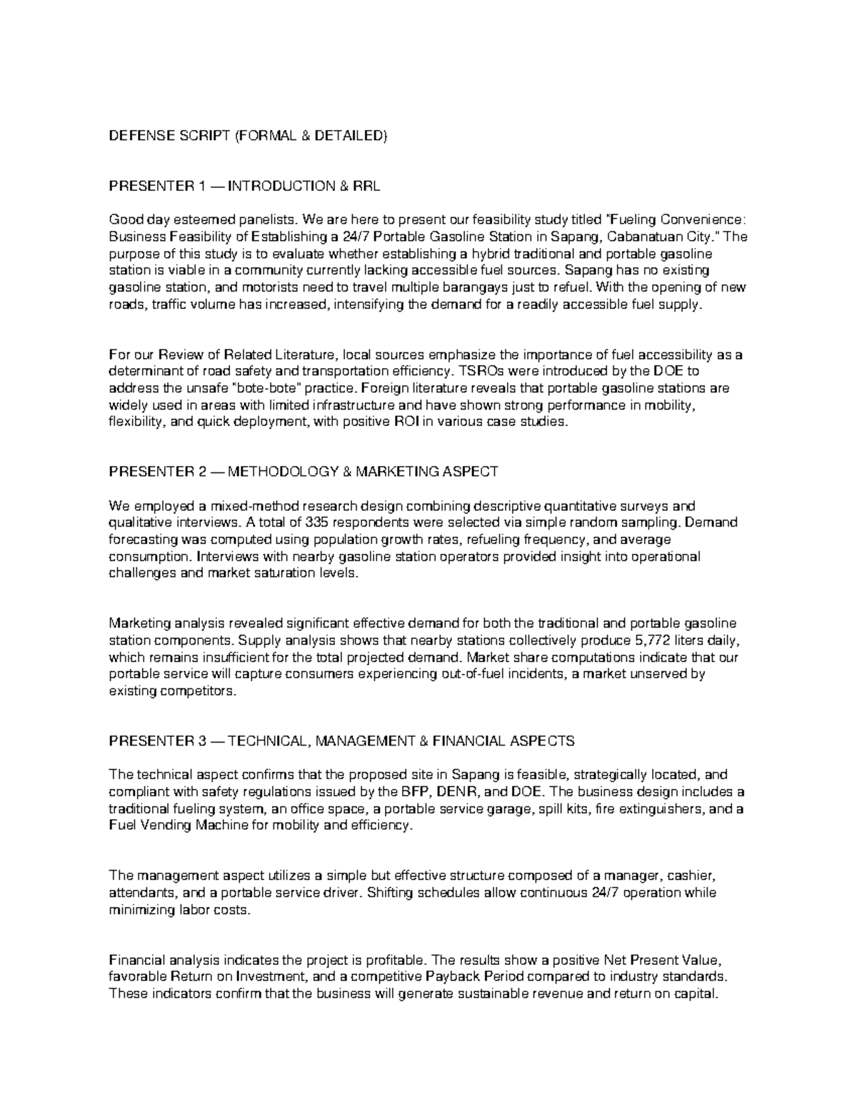DEFENSE SCRIPT: Feasibility Study on Portable Gasoline Station - Studocu