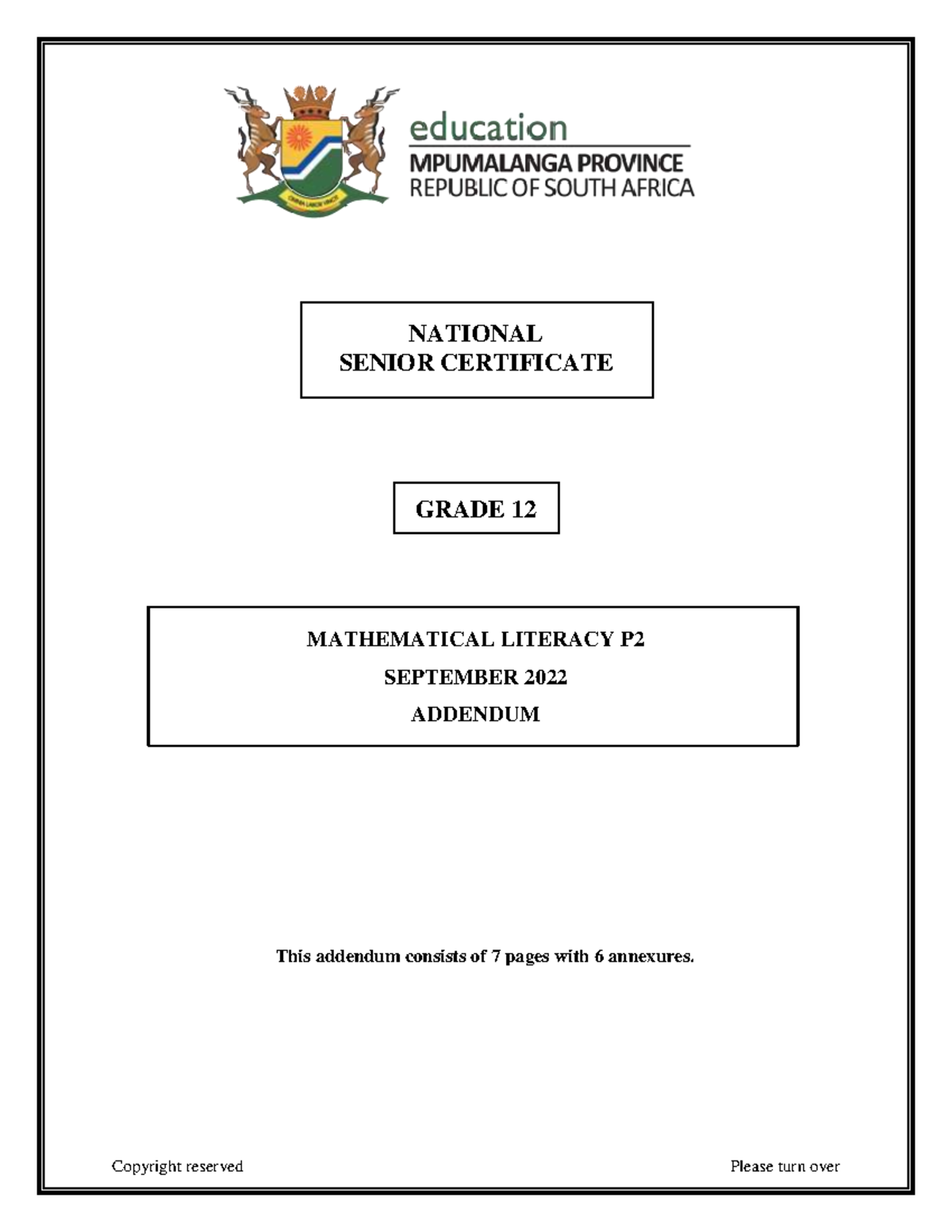 MPU Maths Lit P2 Addendum Sept 2022 with Annexures - Studocu