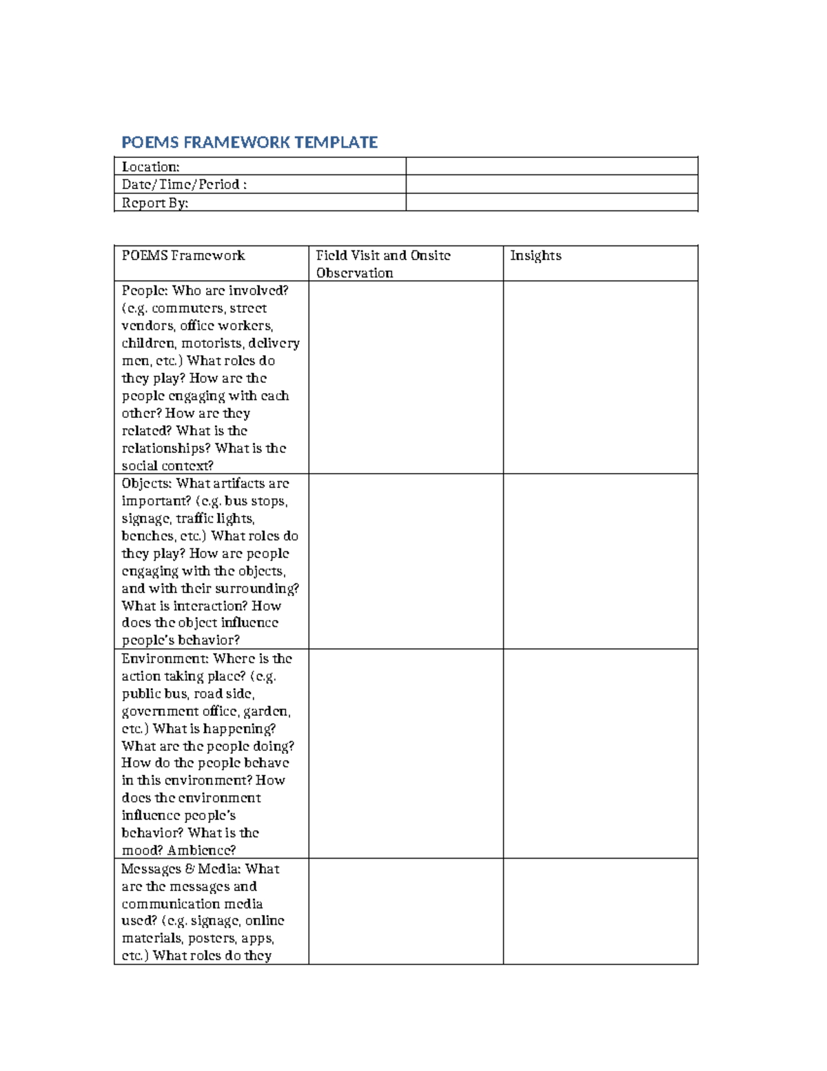 POEMS Framework Template: Field Visit & Observation Insights - Studocu