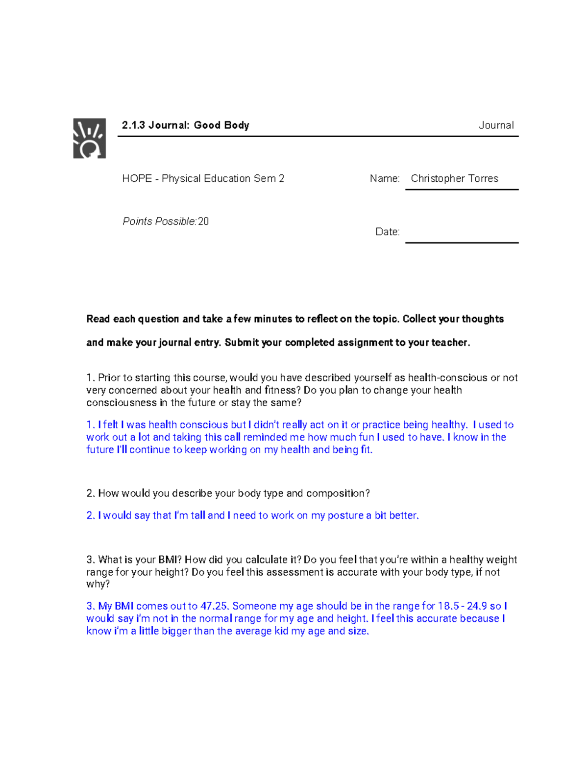 P.E. Journal 2 - Health & Fitness Reflection Assignment - Studocu