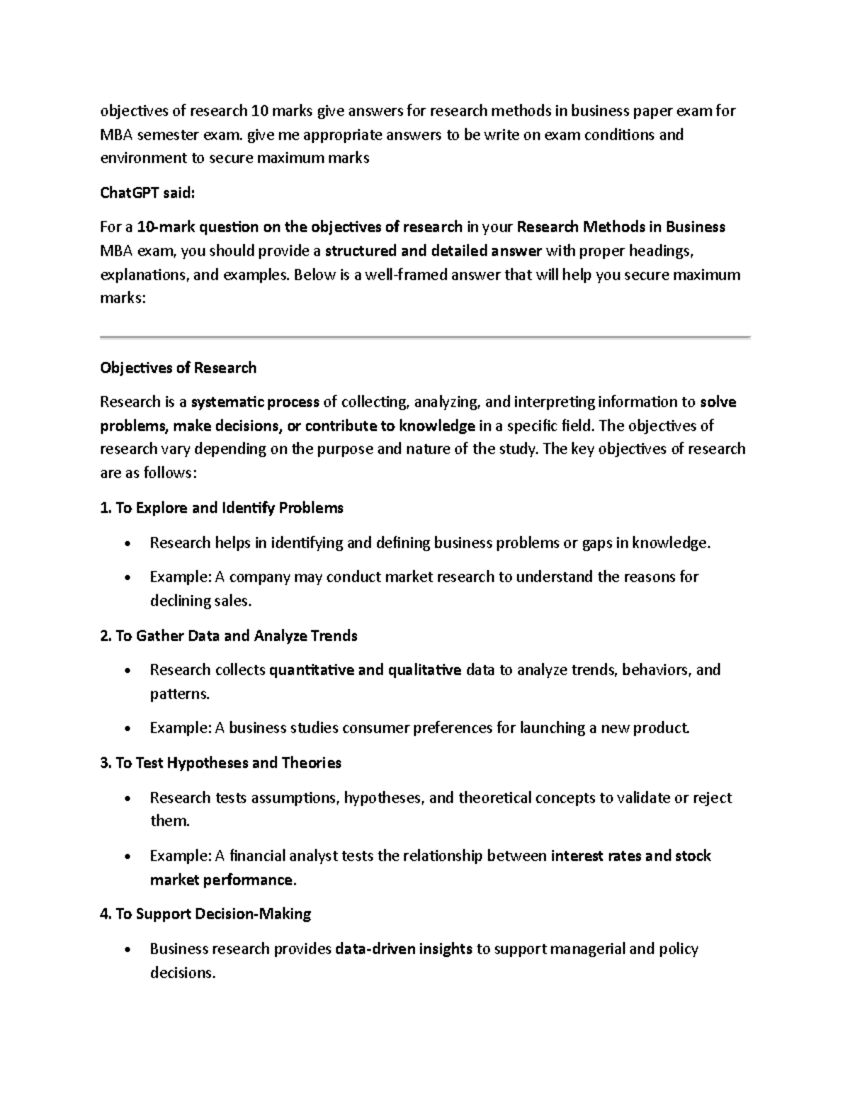 Objectives of Research: 10 Marks for MBA Research Methods Exam - Studocu