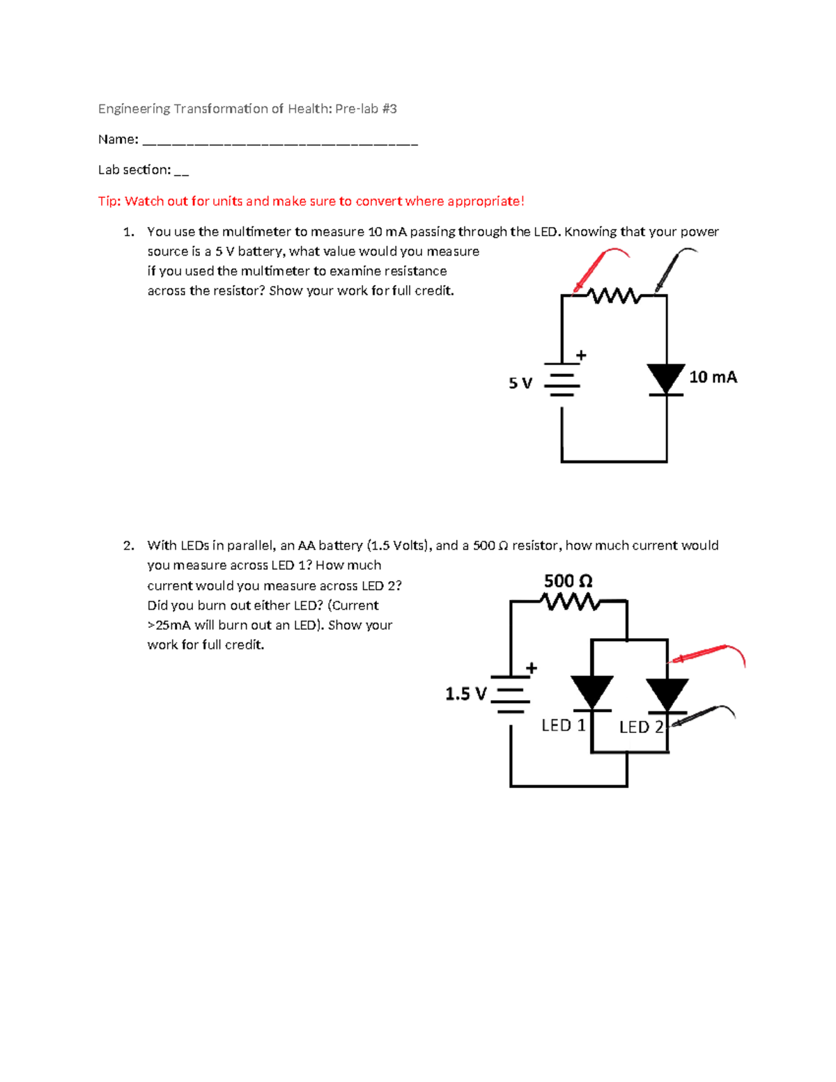 ENGR 101: Prelab 3 on Circuit Analysis and LED Readings - Studocu