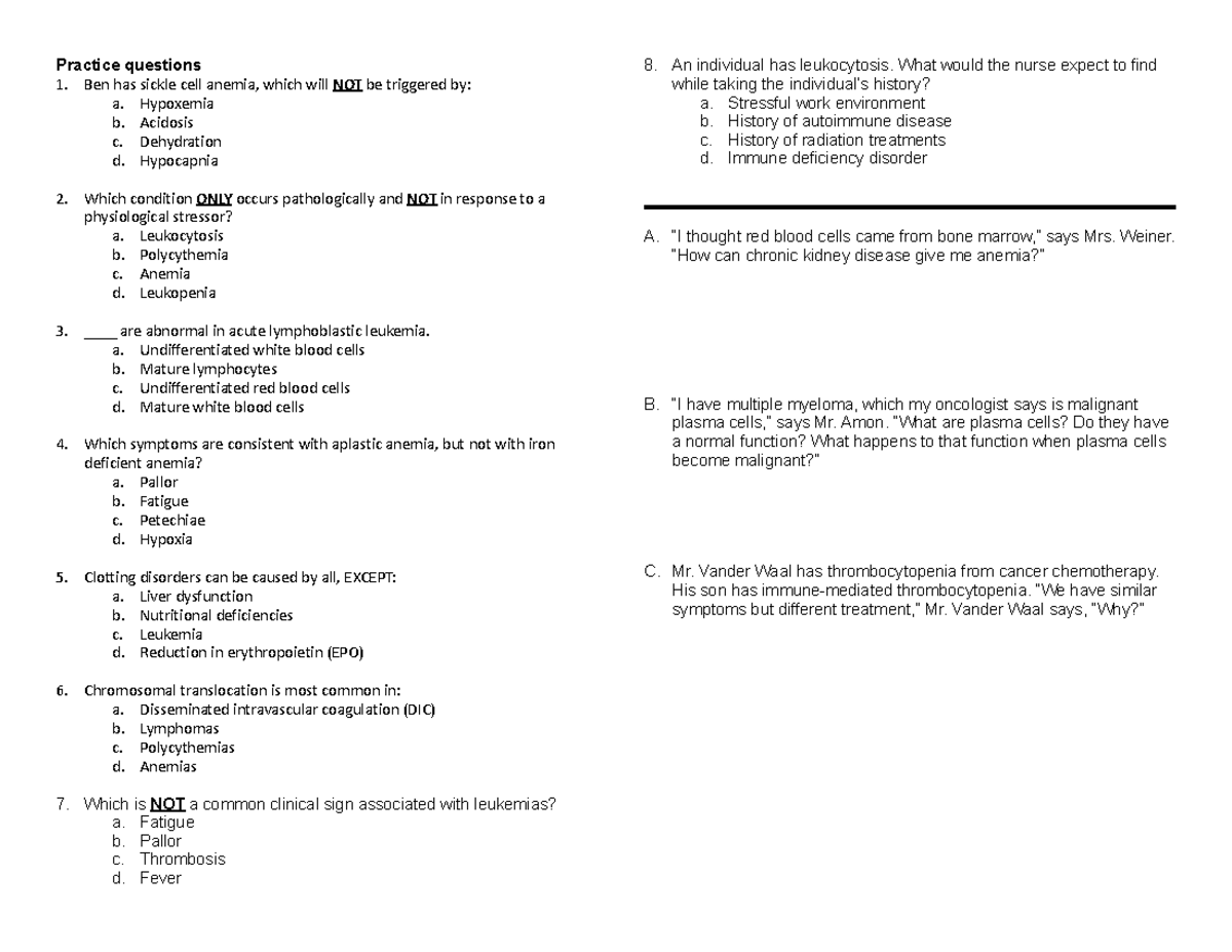 Hematological Disorders Review: Practice Questions for Exam - Studocu