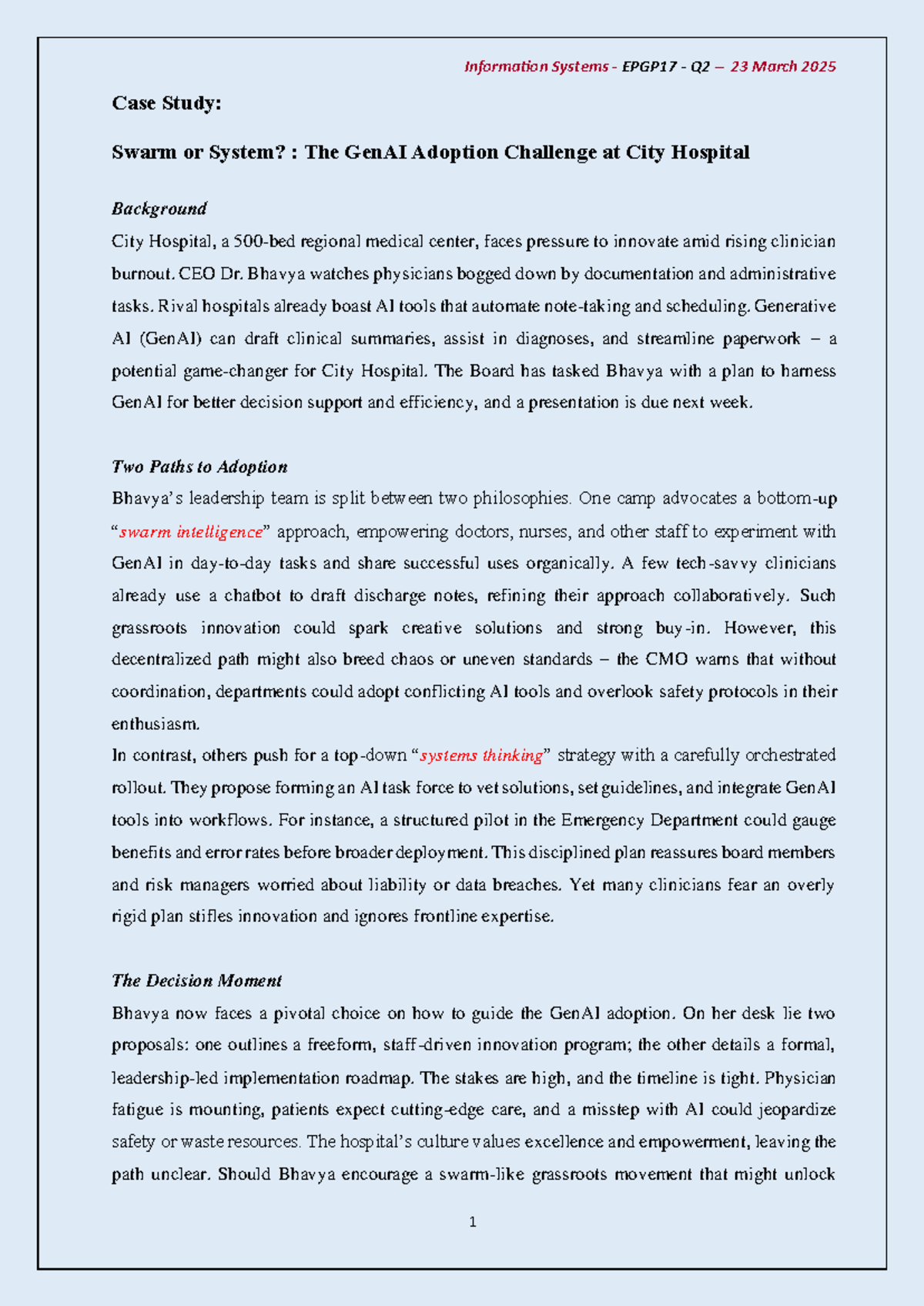 Information Systems EPGP17 Q2 2025 Case Study: GenAI Adoption at City ...