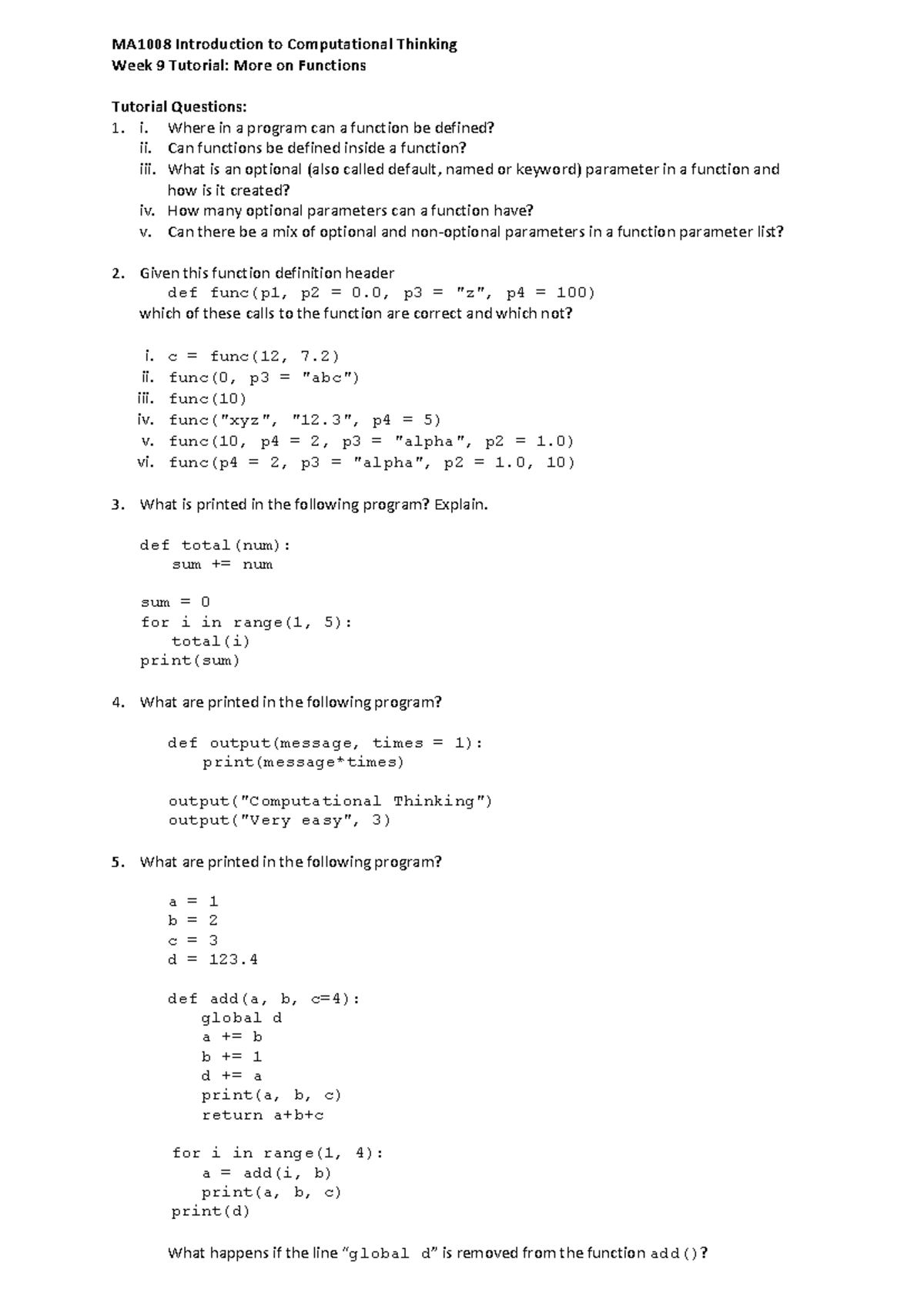 Week 9 Tutorial More on functions - MA1008 Introduction to ...