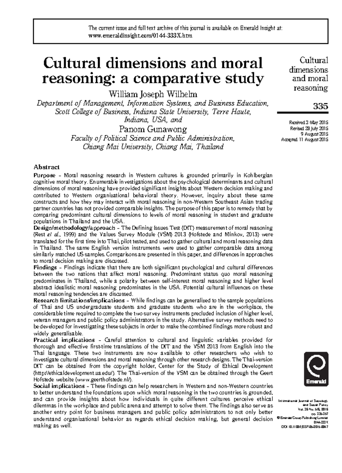 Cultural Dimensions and Moral Reasoning: A Comparative Study (MGMT 101 ...