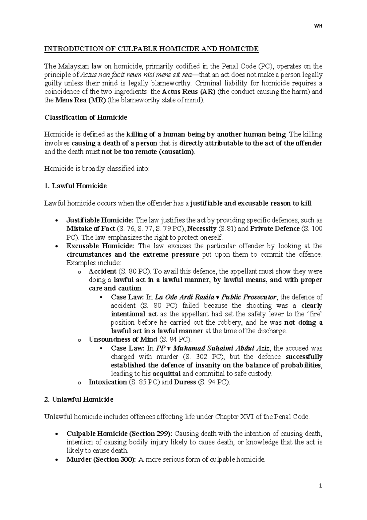 WH Culpable Homicide and Homicide: Malaysian Law Overview - Studocu
