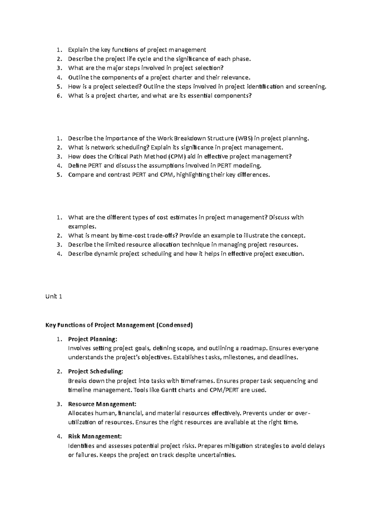 Project management questions with answers - Explain the key functions ...