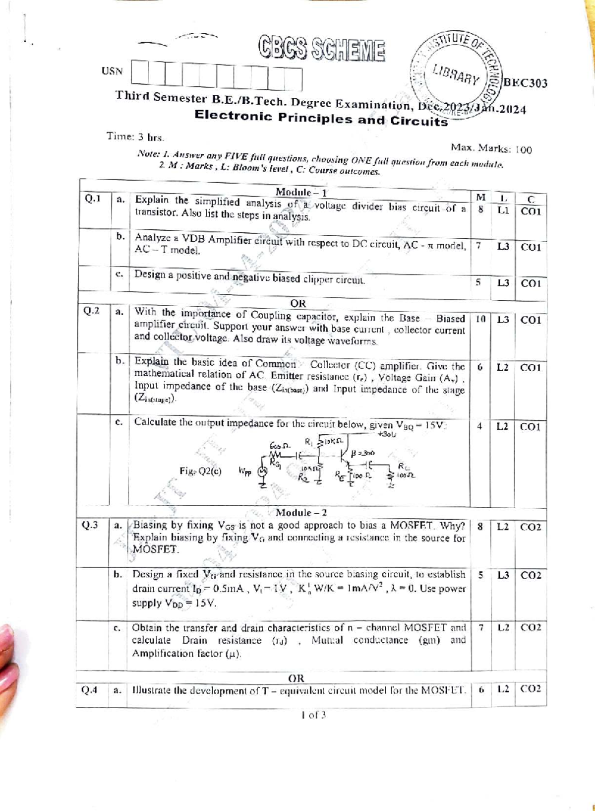 BEC303 Electronic Principles and Circuits: Past Year Questions - Studocu