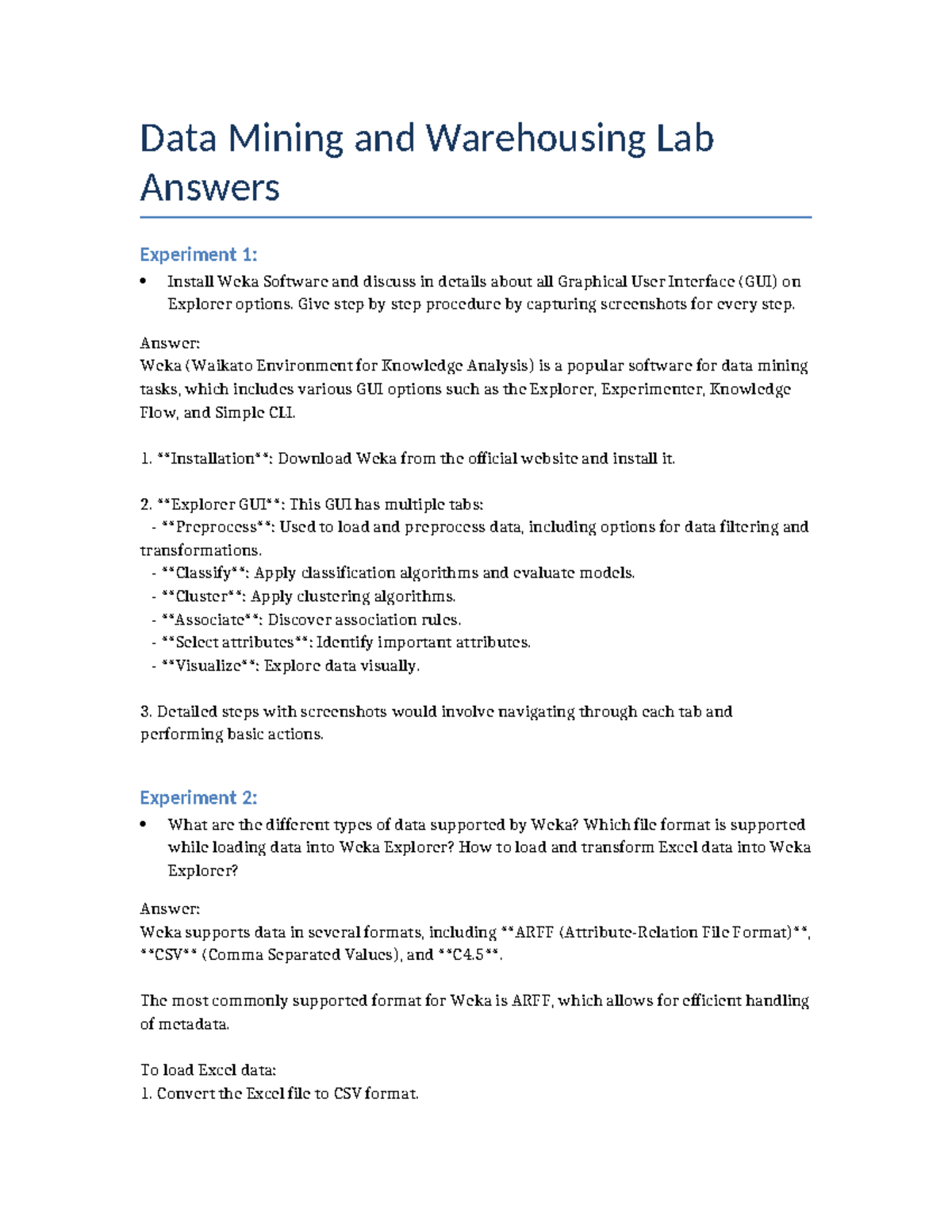 DMW Lab Answers - ..................... - Data Mining and Warehousing ...