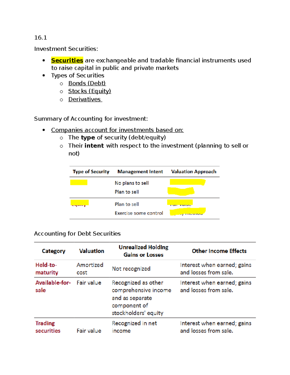 Chapter 16 Notes: Investment Securities and Accounting Methods - Studocu
