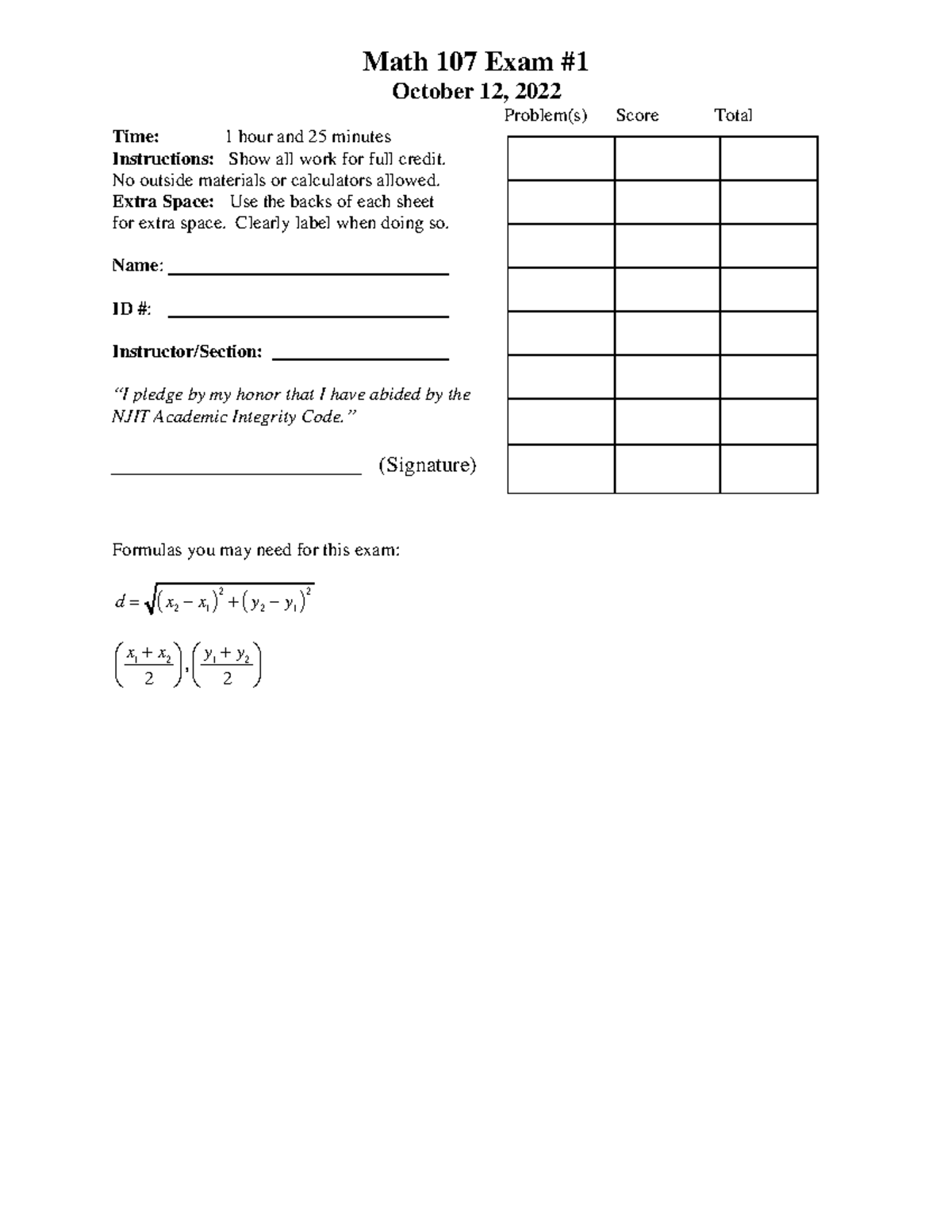 Math 107 Exam #1 Practice Problems and Solutions - Studocu