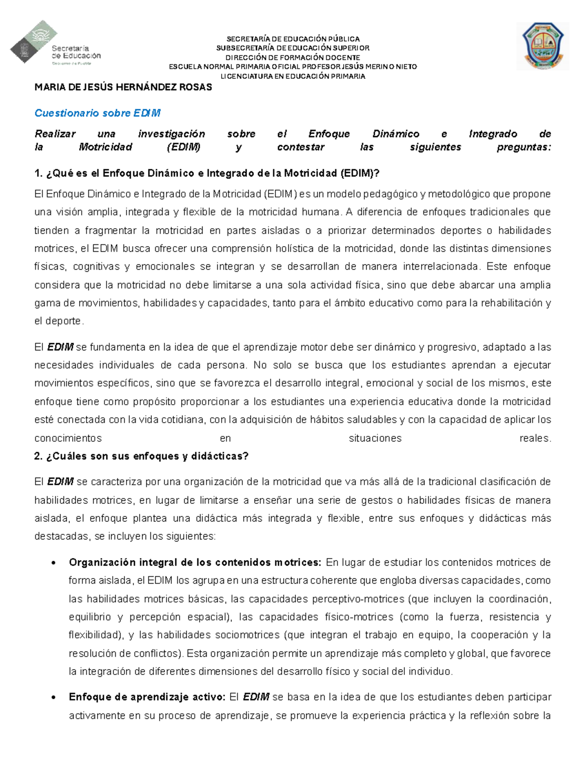 Cuestionario sobre el Enfoque Dinámico e Integrado de la Motricidad ...