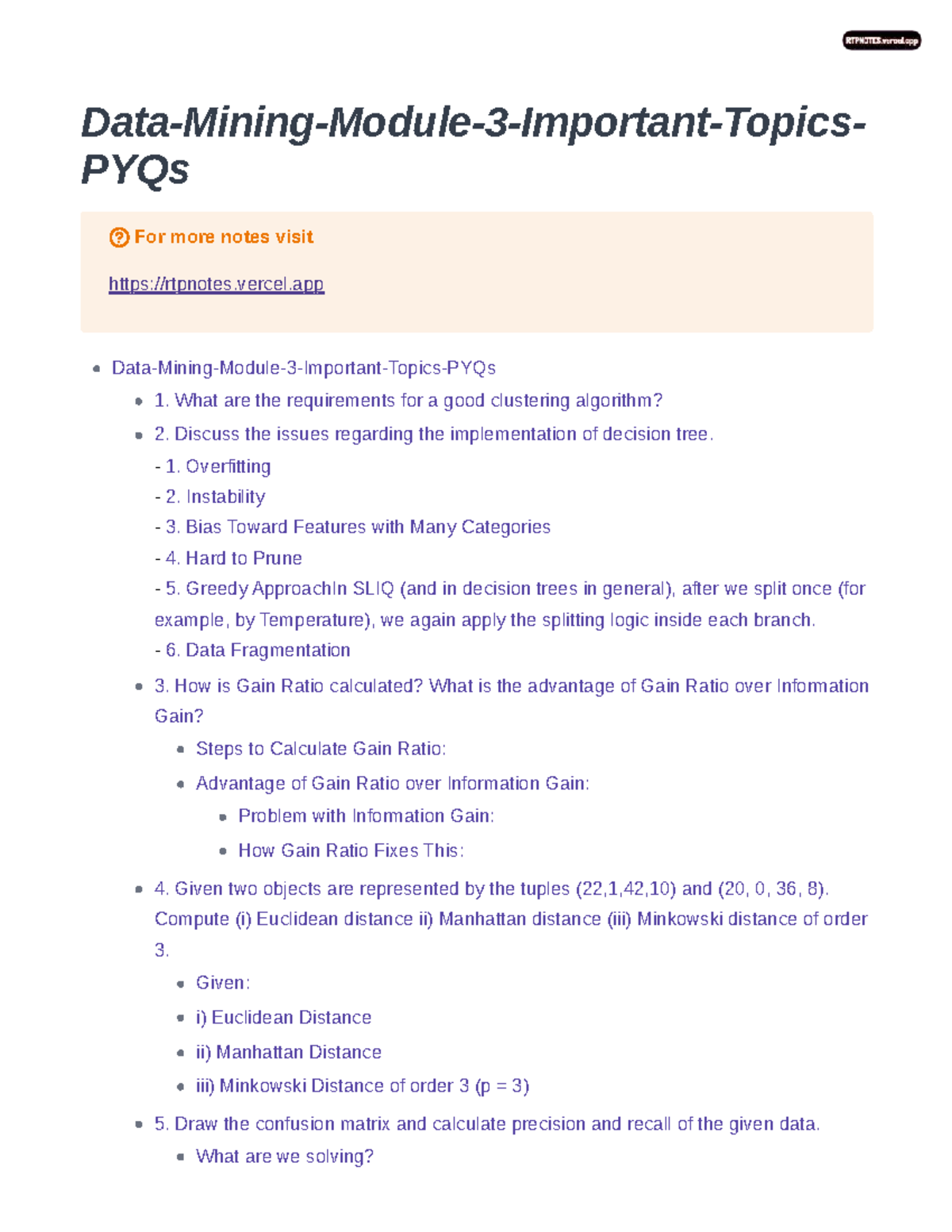 Data Mining Module 3: Key Topics & PYQs Review - Studocu
