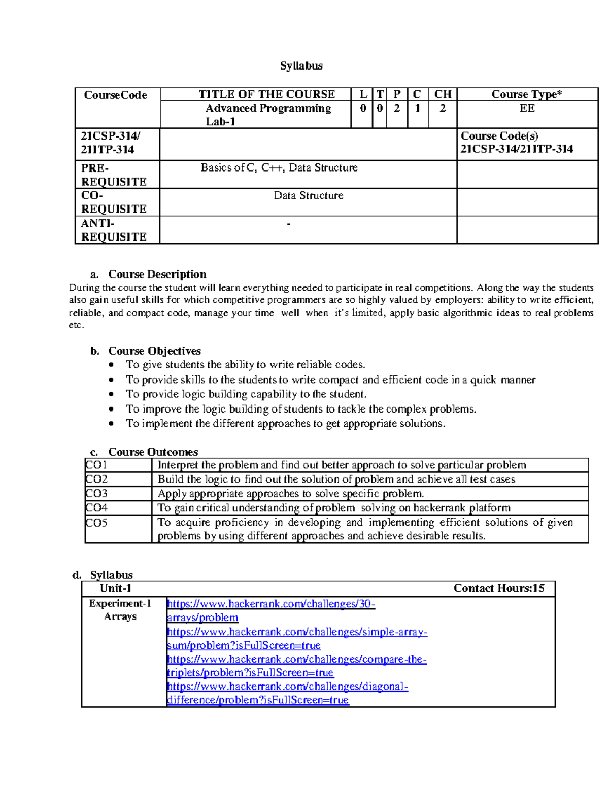 Advanced Programming Lab - 1 Syllabus (21CSP-314/21ITP) - Studocu