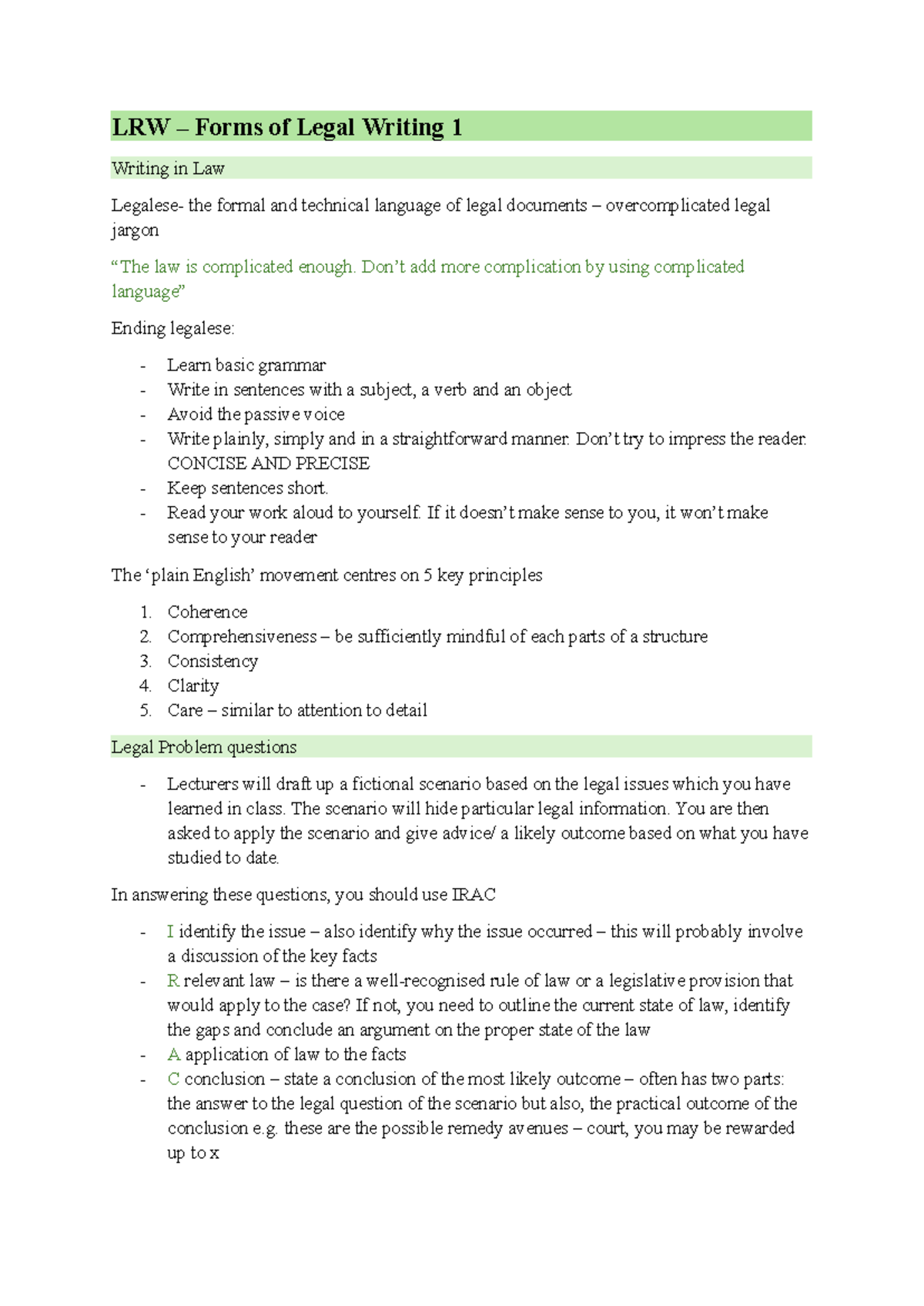 LRW - Legal Writing Class Notes: Principles & Techniques - Studocu