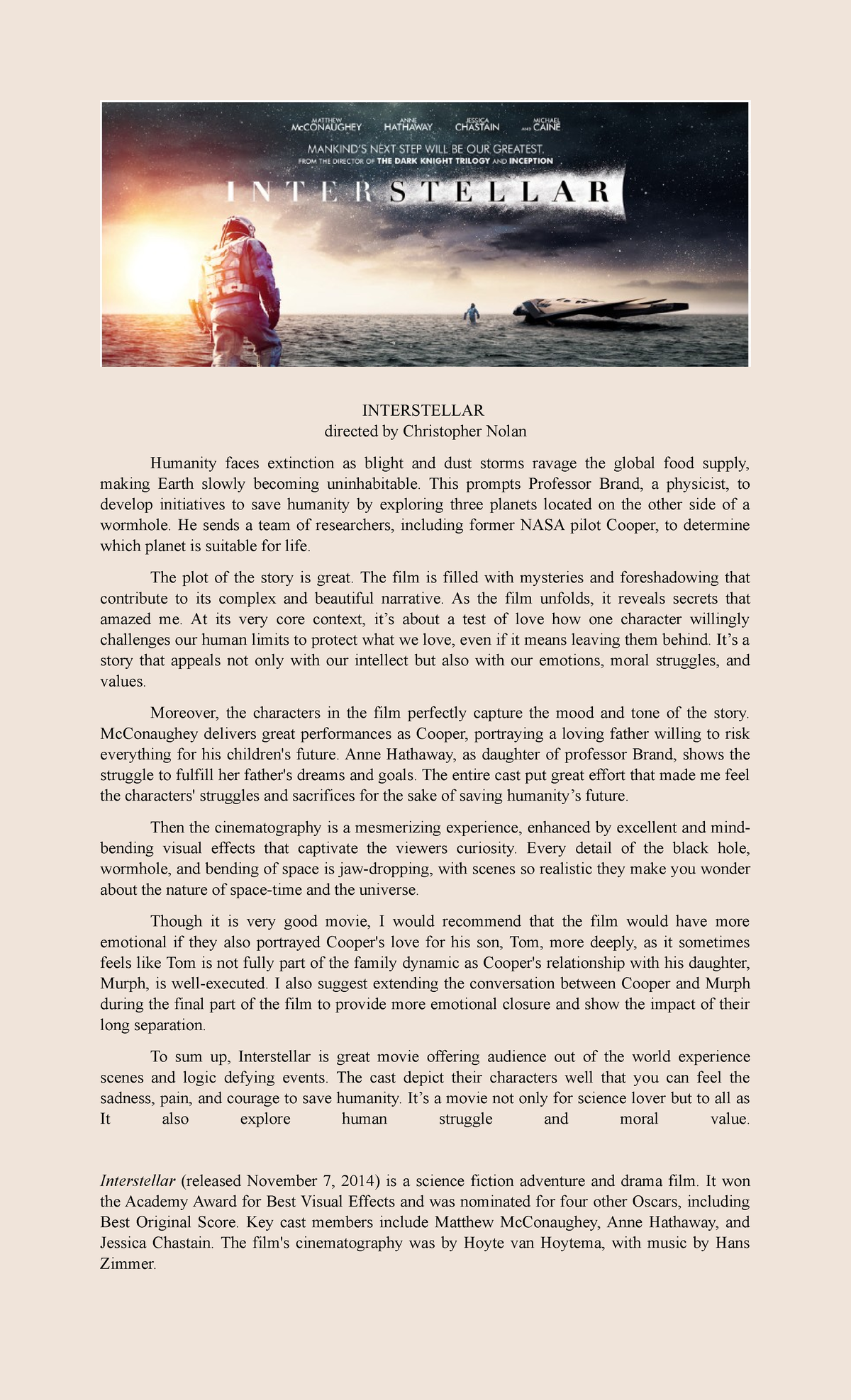 Interstellar - it is a movie summary - INTERSTELLAR directed by ...