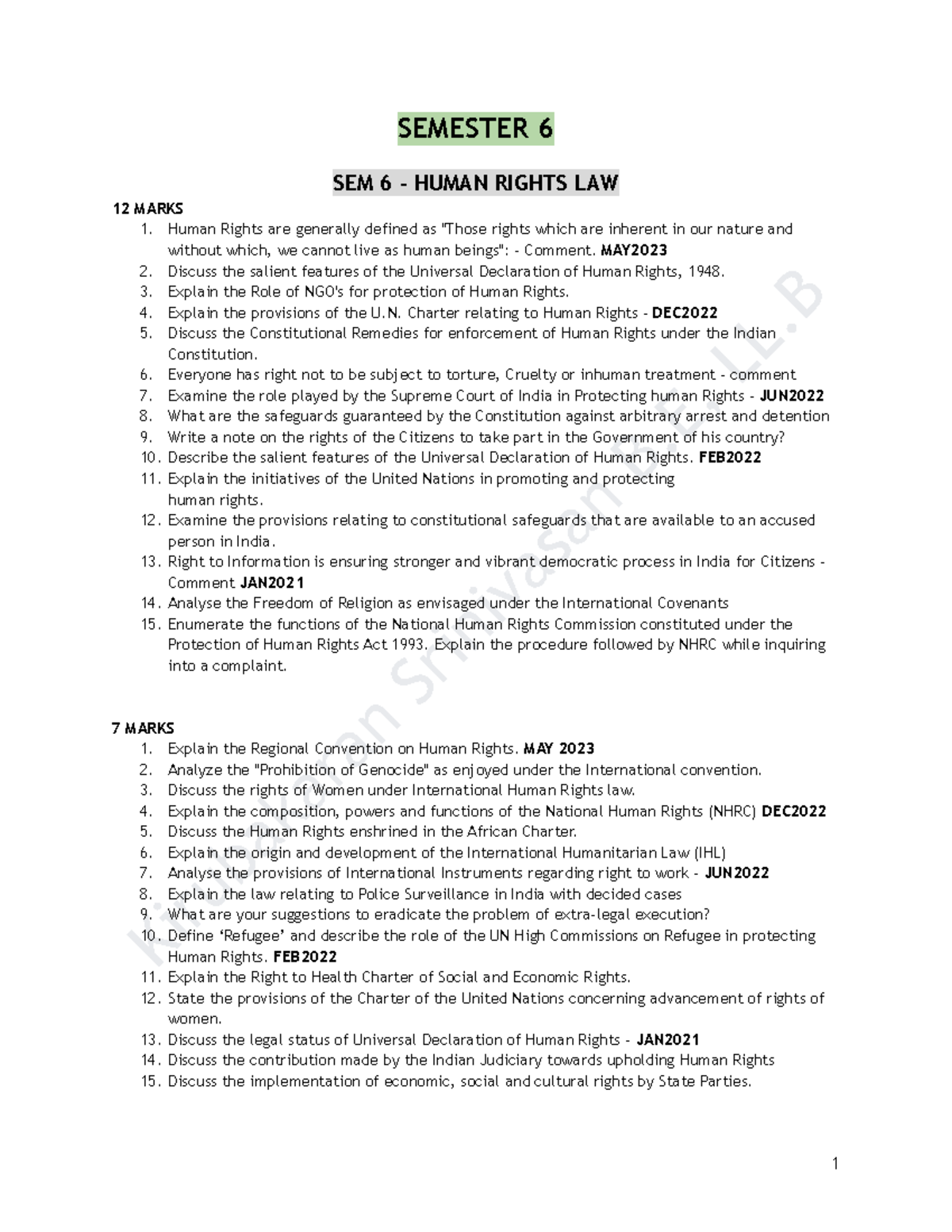 Final Exam Notes for SEM 6 - Human Rights Law and Related Topics - Studocu