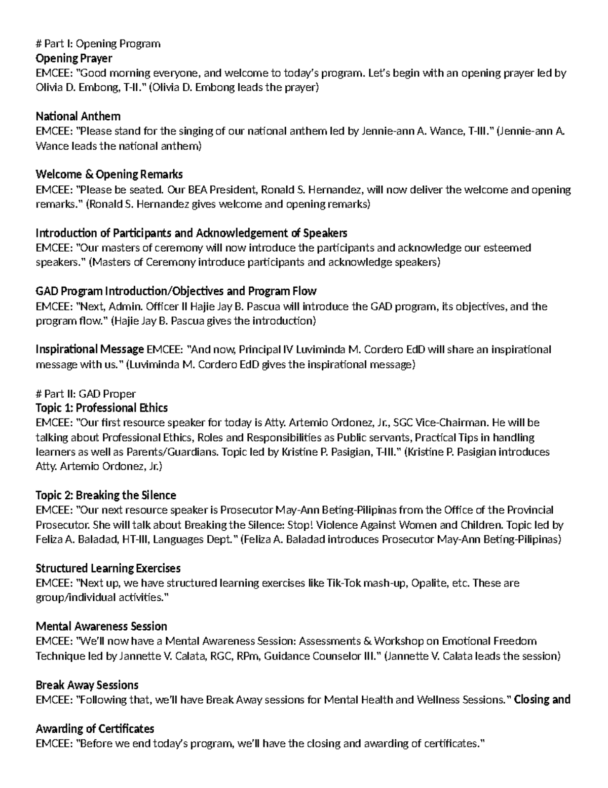 GAD Program Emcee Script: Opening to Closing Flow - Studocu