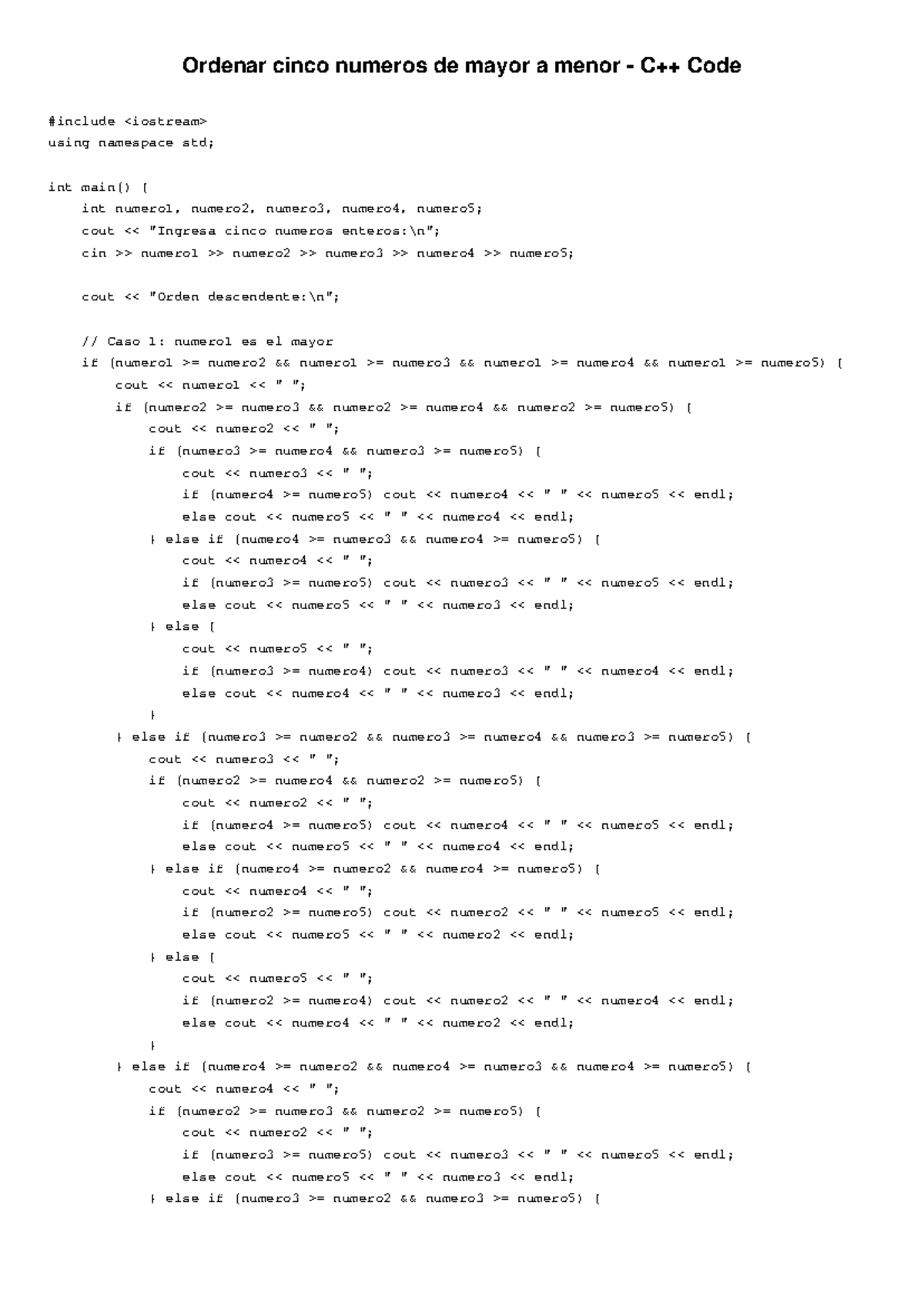 Ordenar 5 Números de Mayor a Menor - C++ Código - Studocu