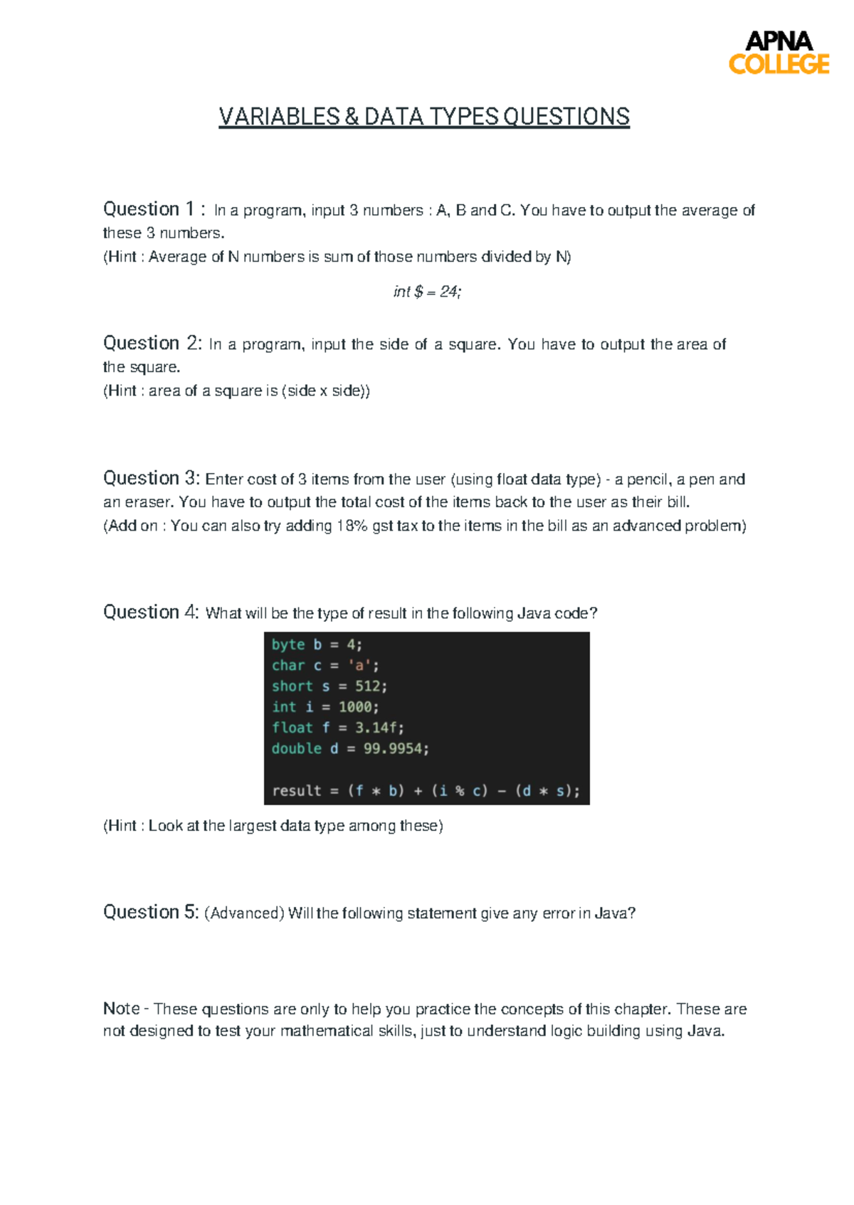 17. Variables Questions - Question 2: In a program, input the side of a ...