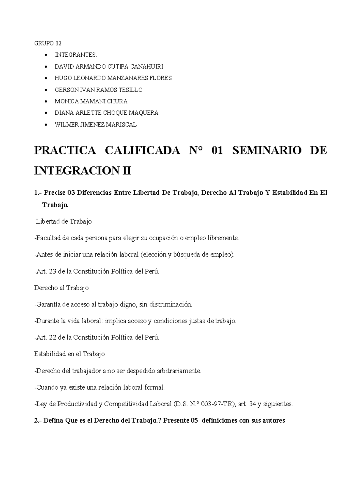 Práctica Calificada N° 01 - Derecho del Trabajo - Grupo 02 - Document Preview