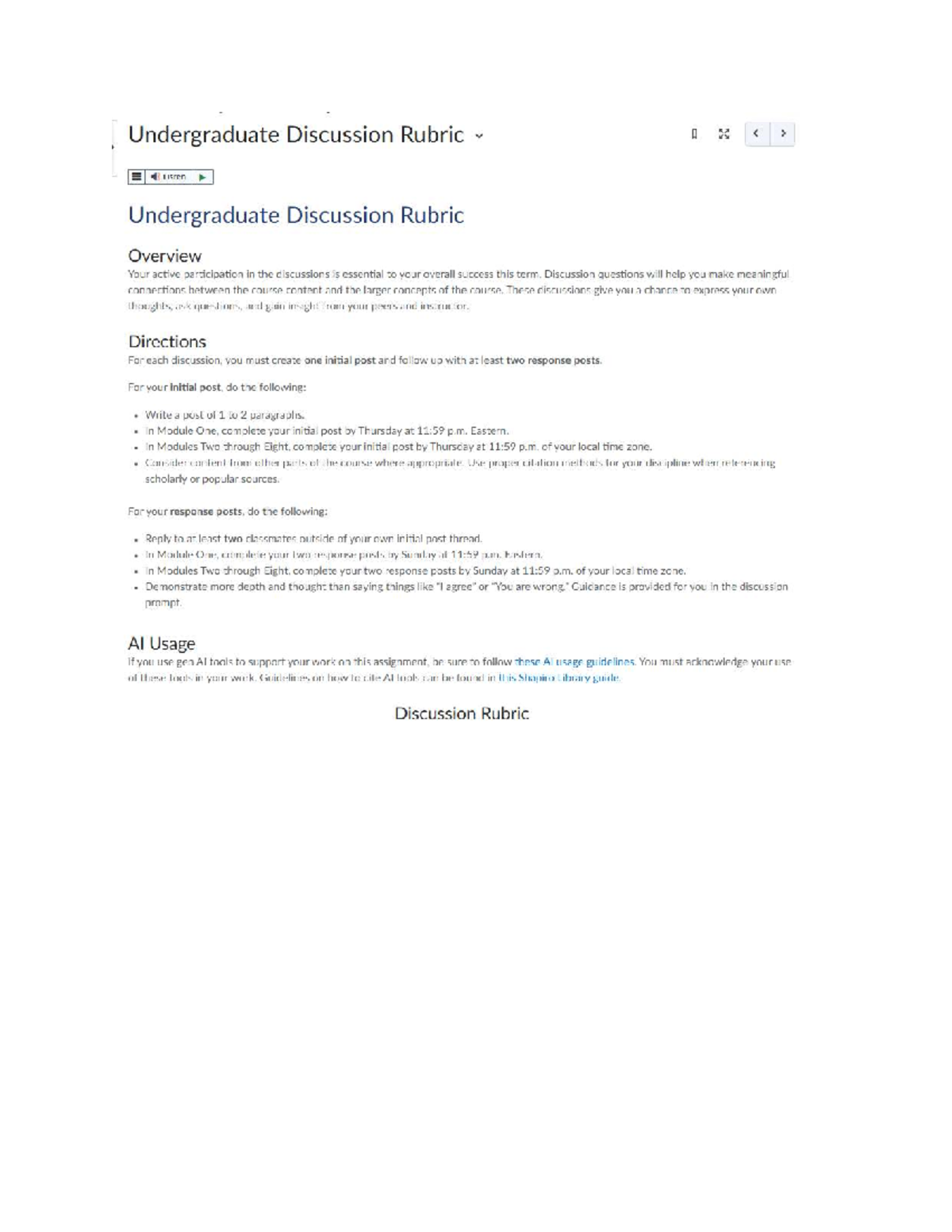 Undergraduate Discussion Rubric Overview and Guidelines - Studocu