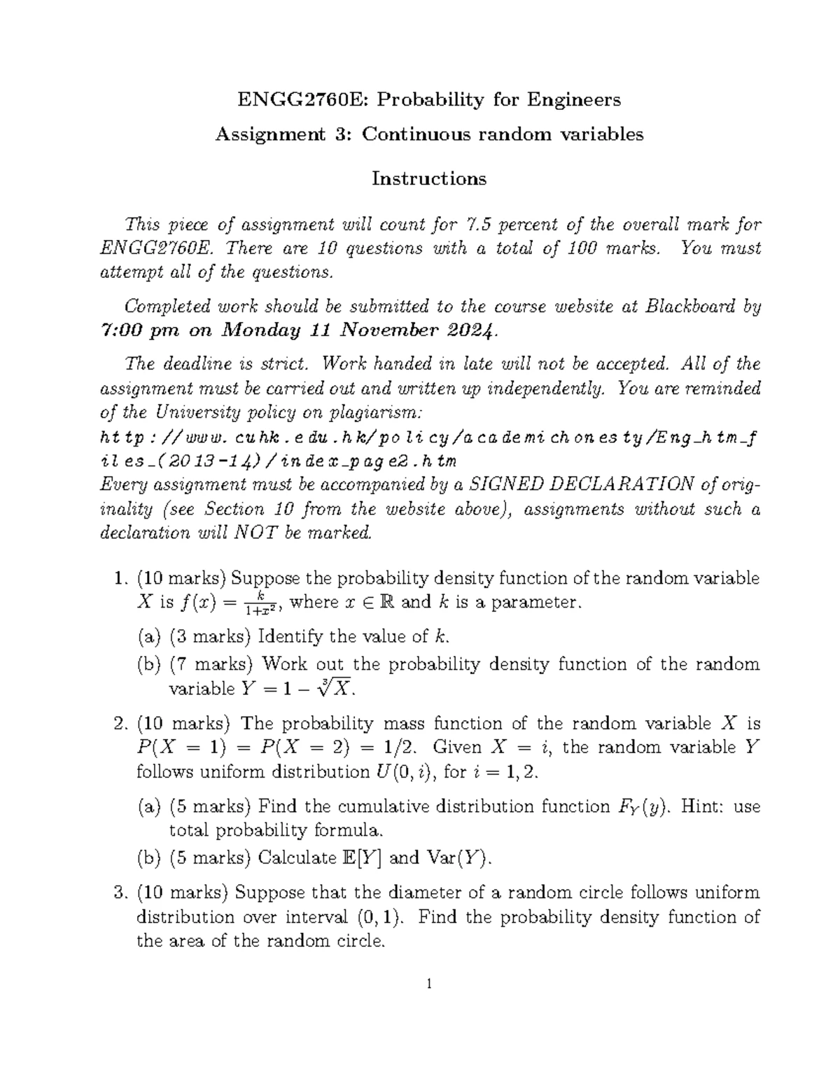 ENGG2760E Assignment 3: Continuous Random Variables Solutions - Studocu