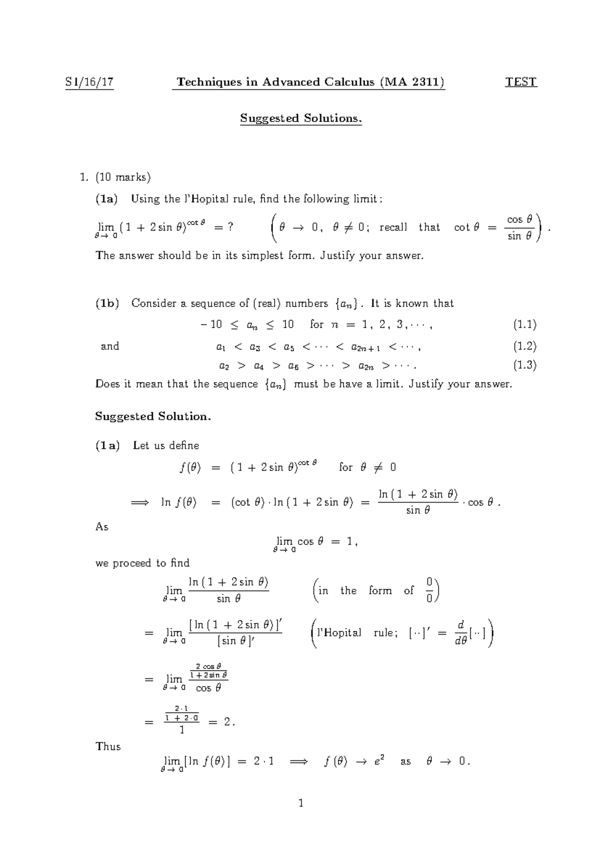 MA 2311 Advanced Calculus Test Suggested Solutions - Studocu