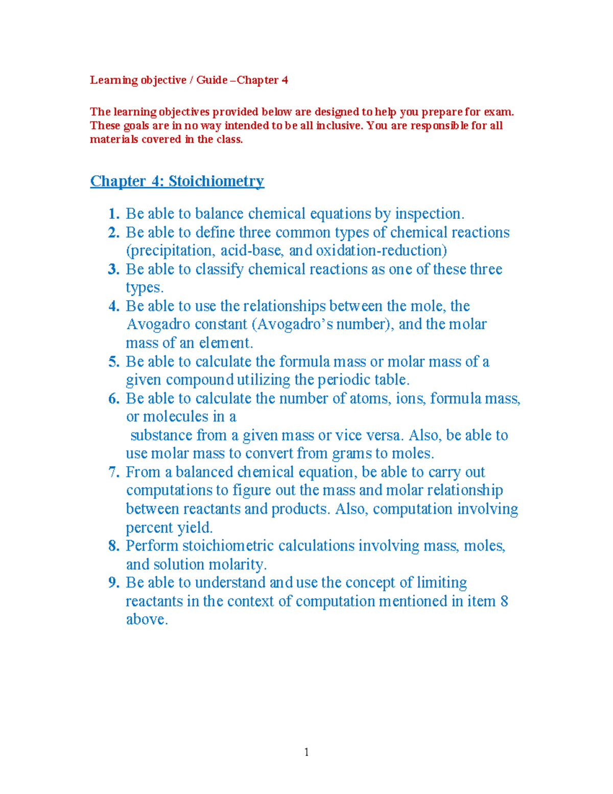 Chapter 4: Stoichiometry Exam Prep Guide - Studocu