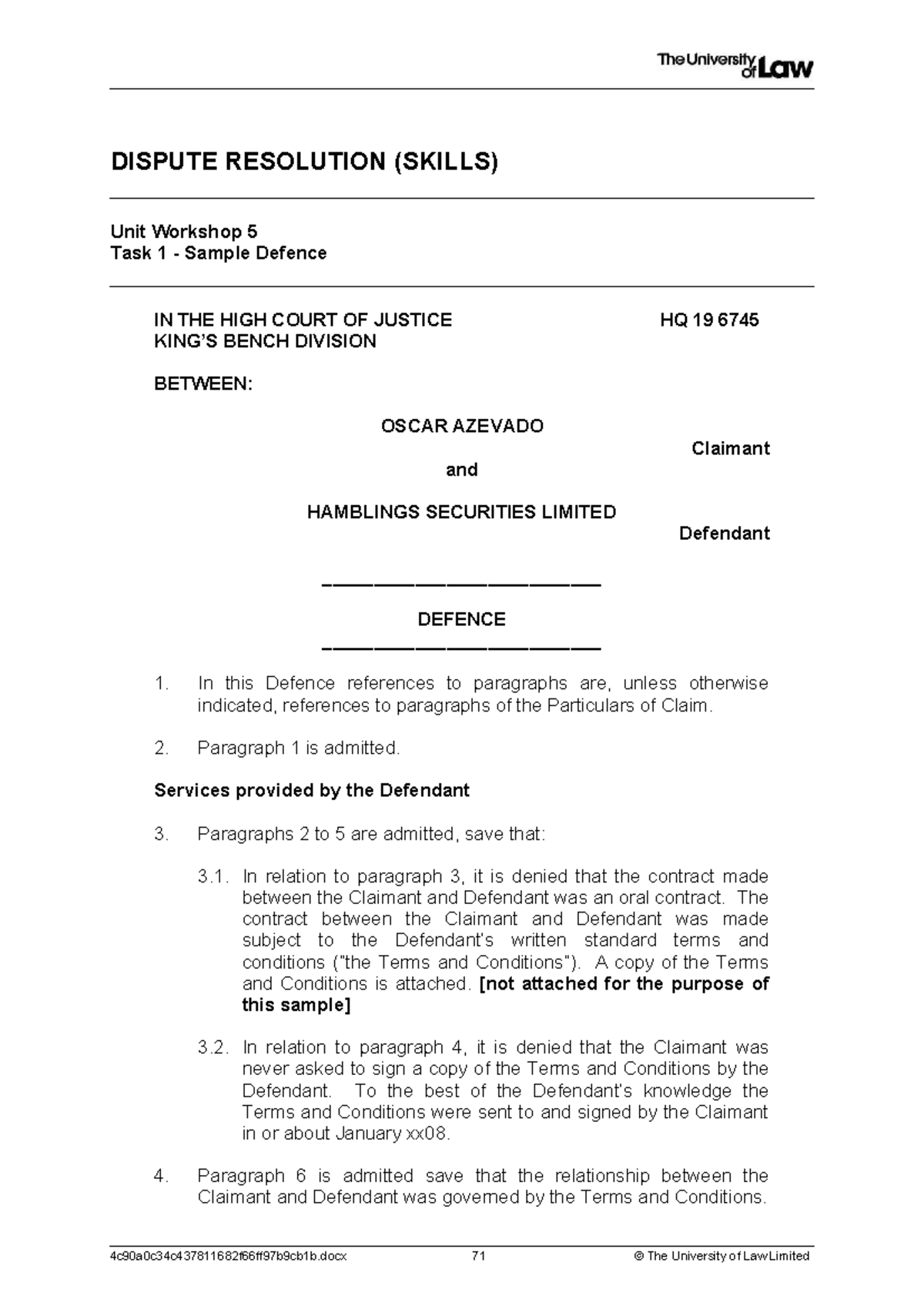 DISPUTE RESOLUTION (SKILLS) U05 Task 1 Sample Defence Document - Studocu
