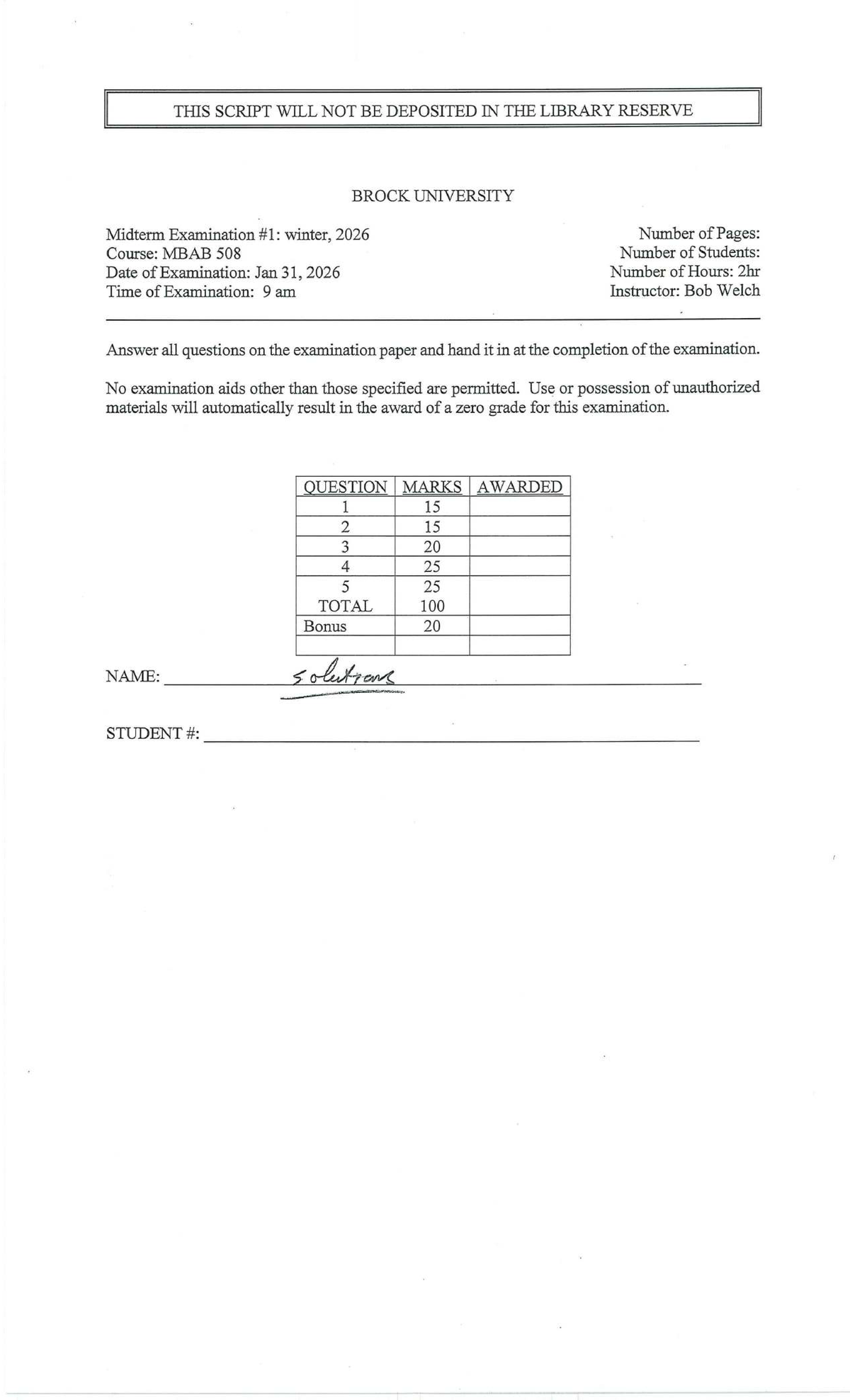 MBAB 508 Midterm Exam Solutions - January 31, 2026 - Studocu