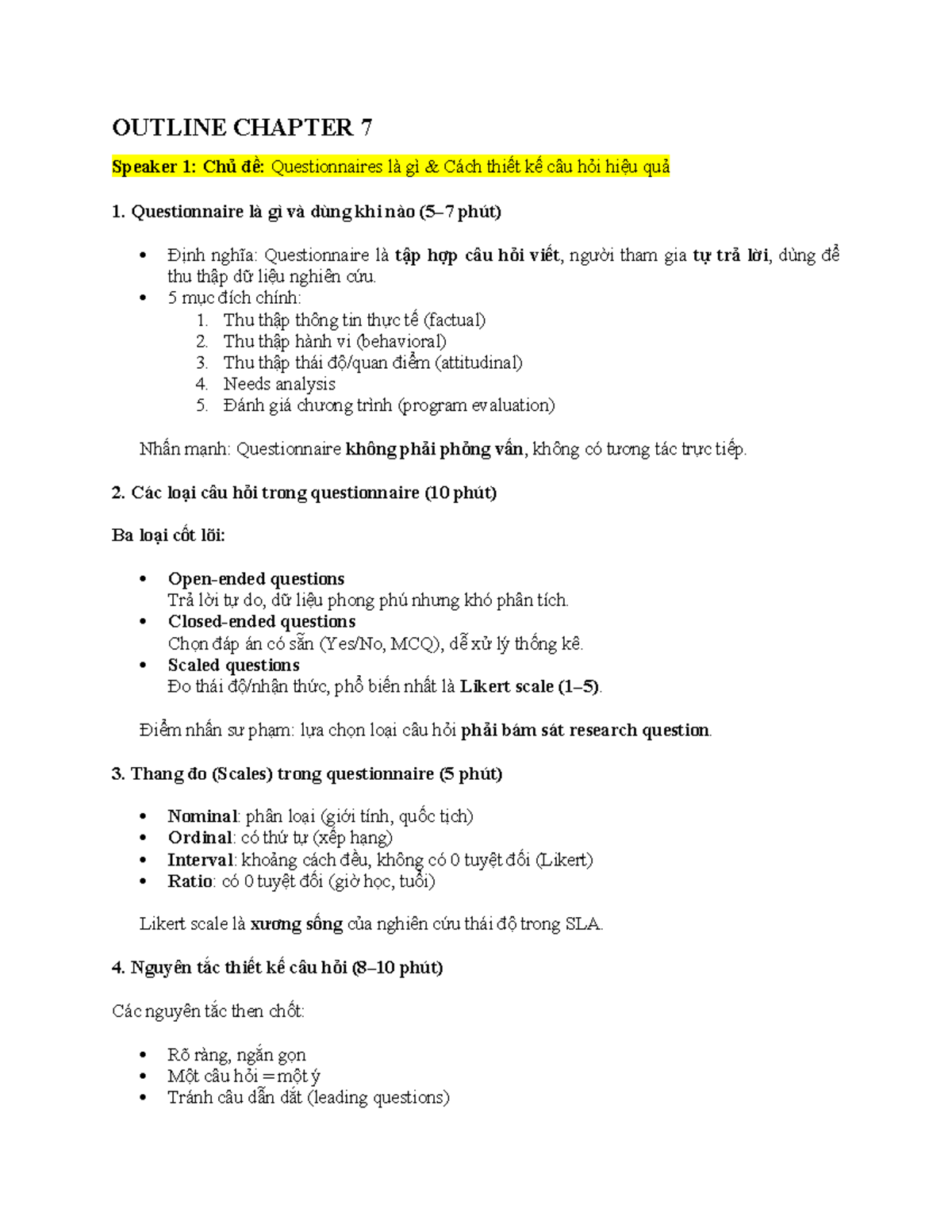 OUTLINE CHAPTER 7: Thiết Kế và Phân Tích Questionnaire - Studocu