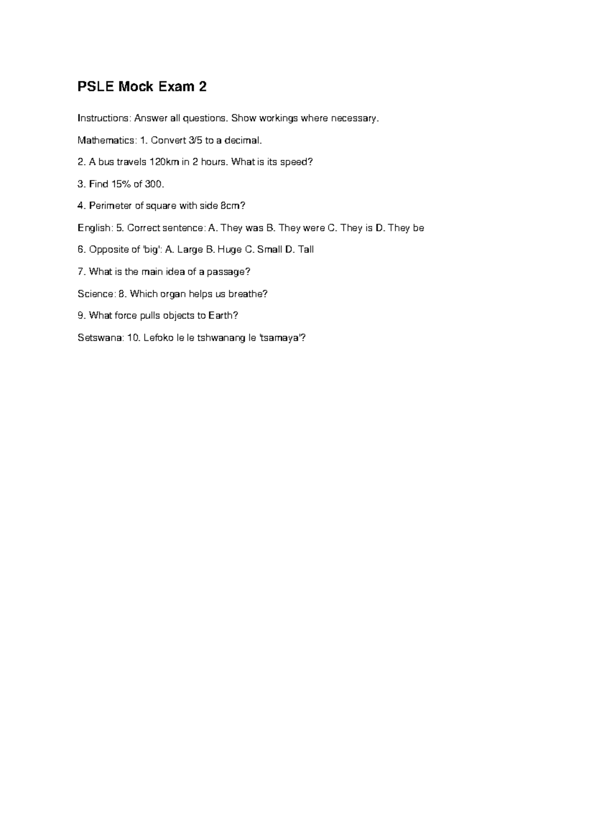 PSLE Mock Exam 2 - Comprehensive Revision Guide - Studocu