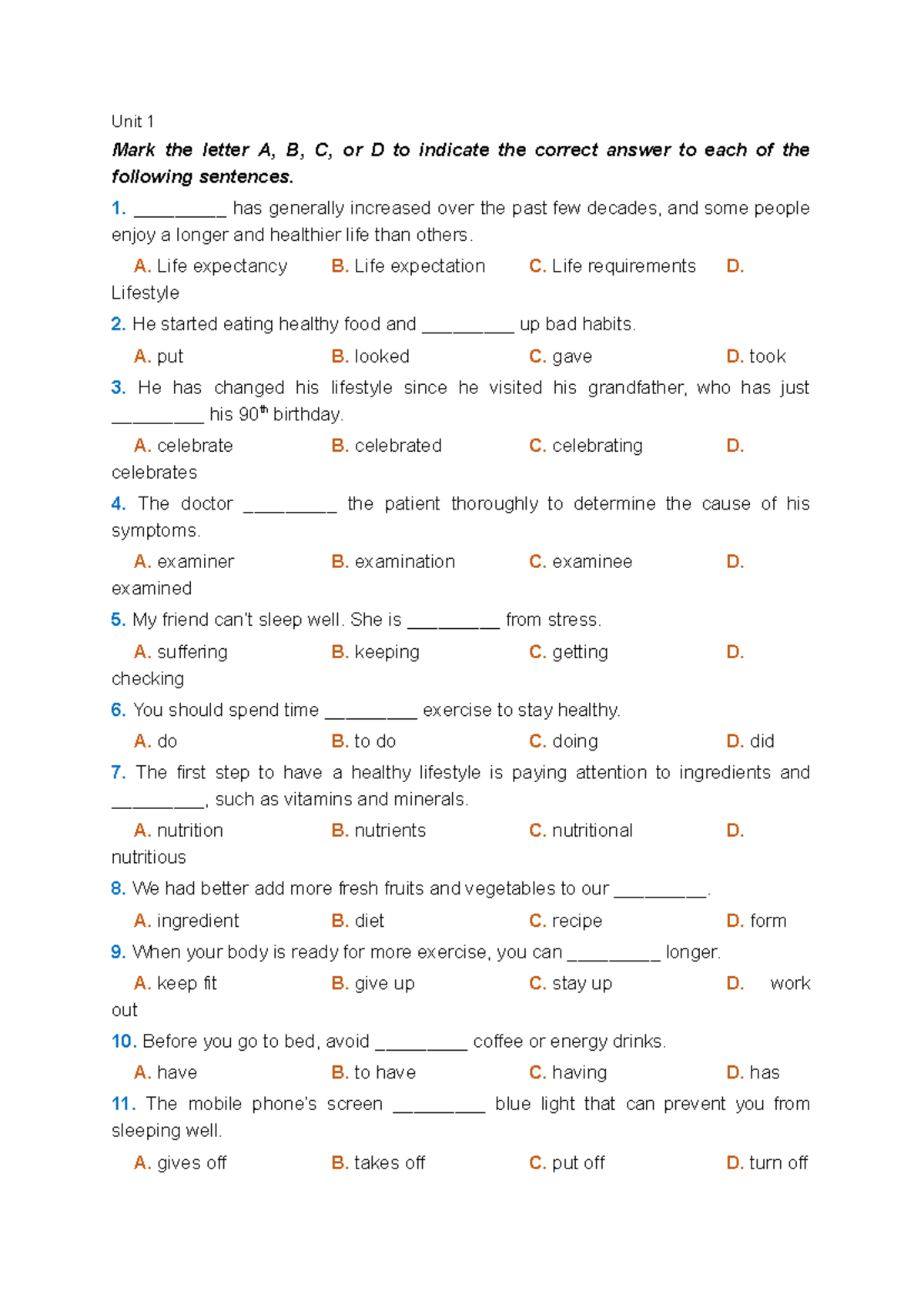 ÔTTV11 - Unit 1 Quiz: Multiple Choice Questions on Health and Lifestyle ...