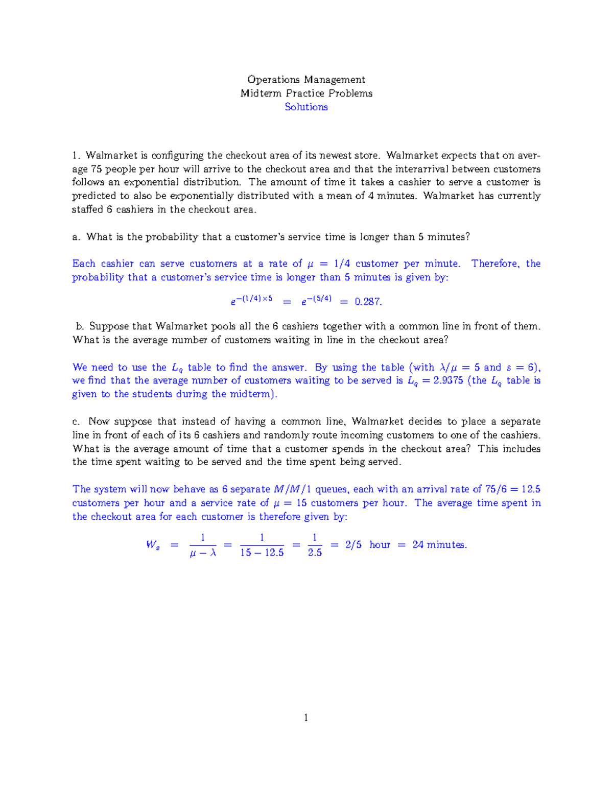 Operations Management (OM 101) Midterm Practice Problems Solutions ...