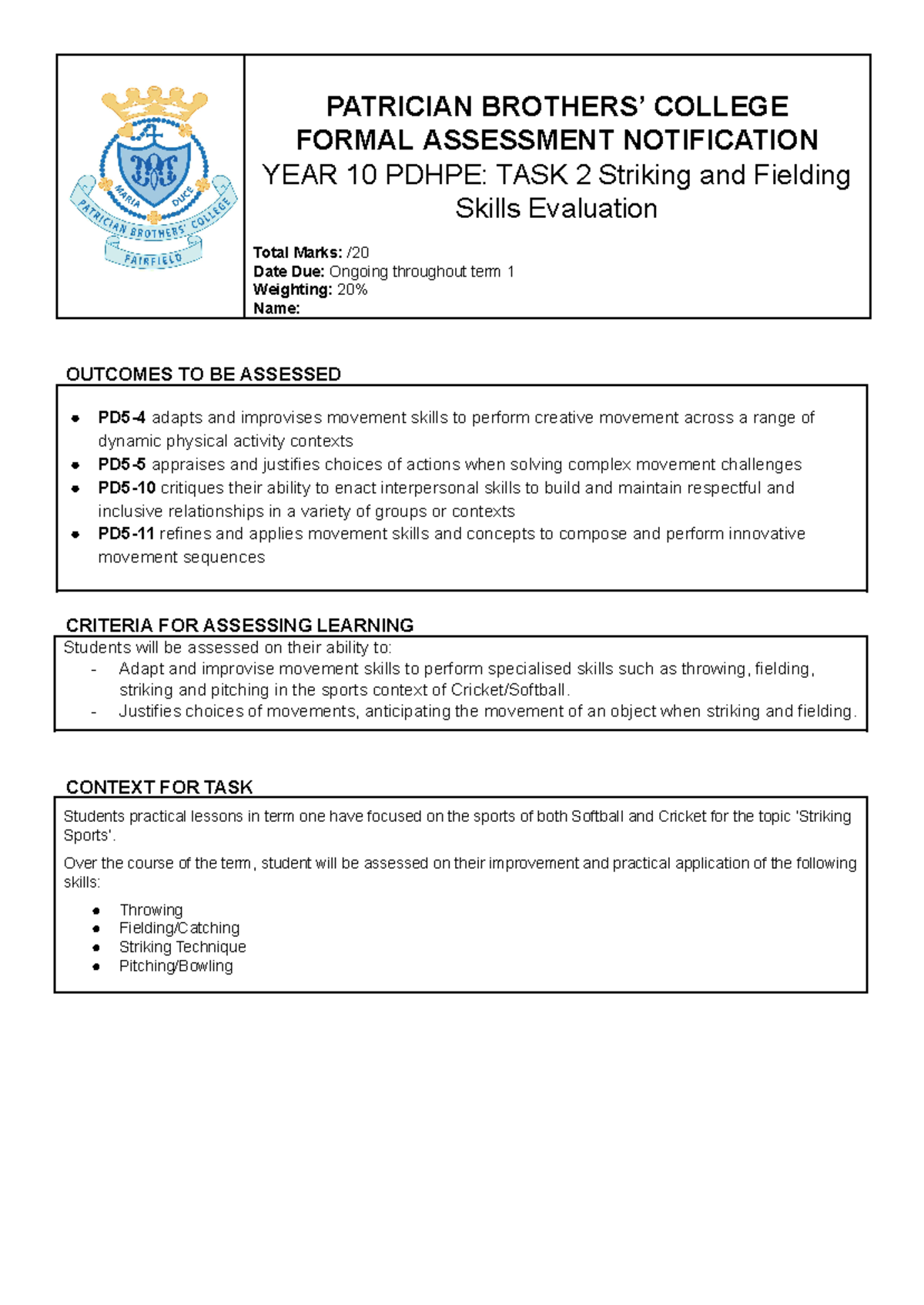 01. Year 10 2024 Formative Assessment Task 2 - Striking and Fielding ...