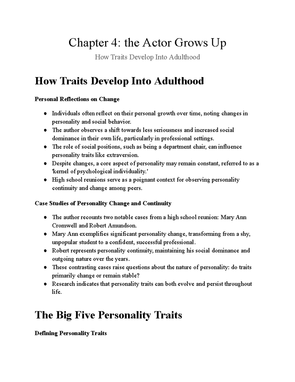 Chapter 4 Notes: The Development of Personality Traits in Adulthood ...