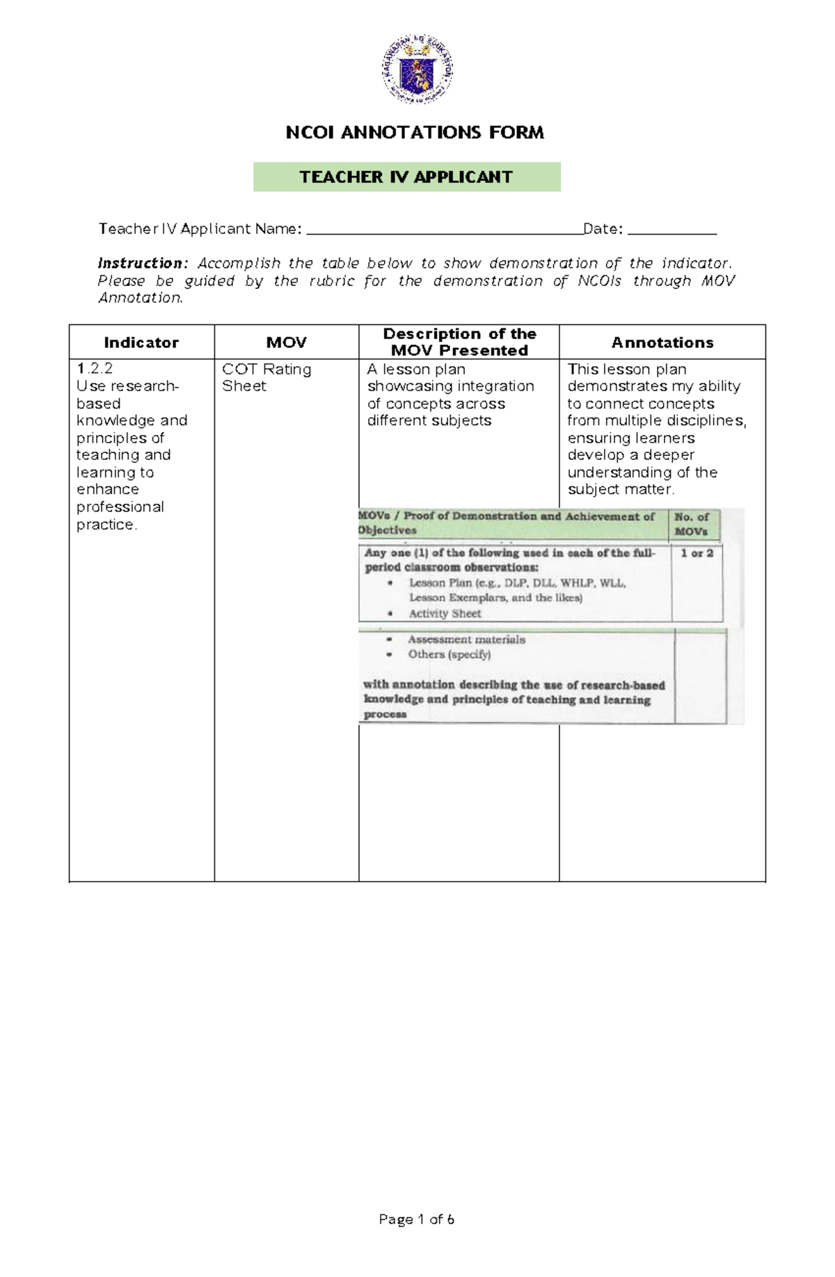 NCOI MOV Annotations for Teacher IV Applicant Evaluation - Studocu