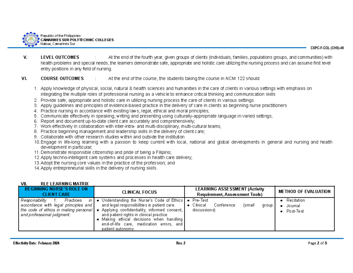 NCM 122 RLE Learning Plan: Nursing Care & Ethical Practice - Studocu