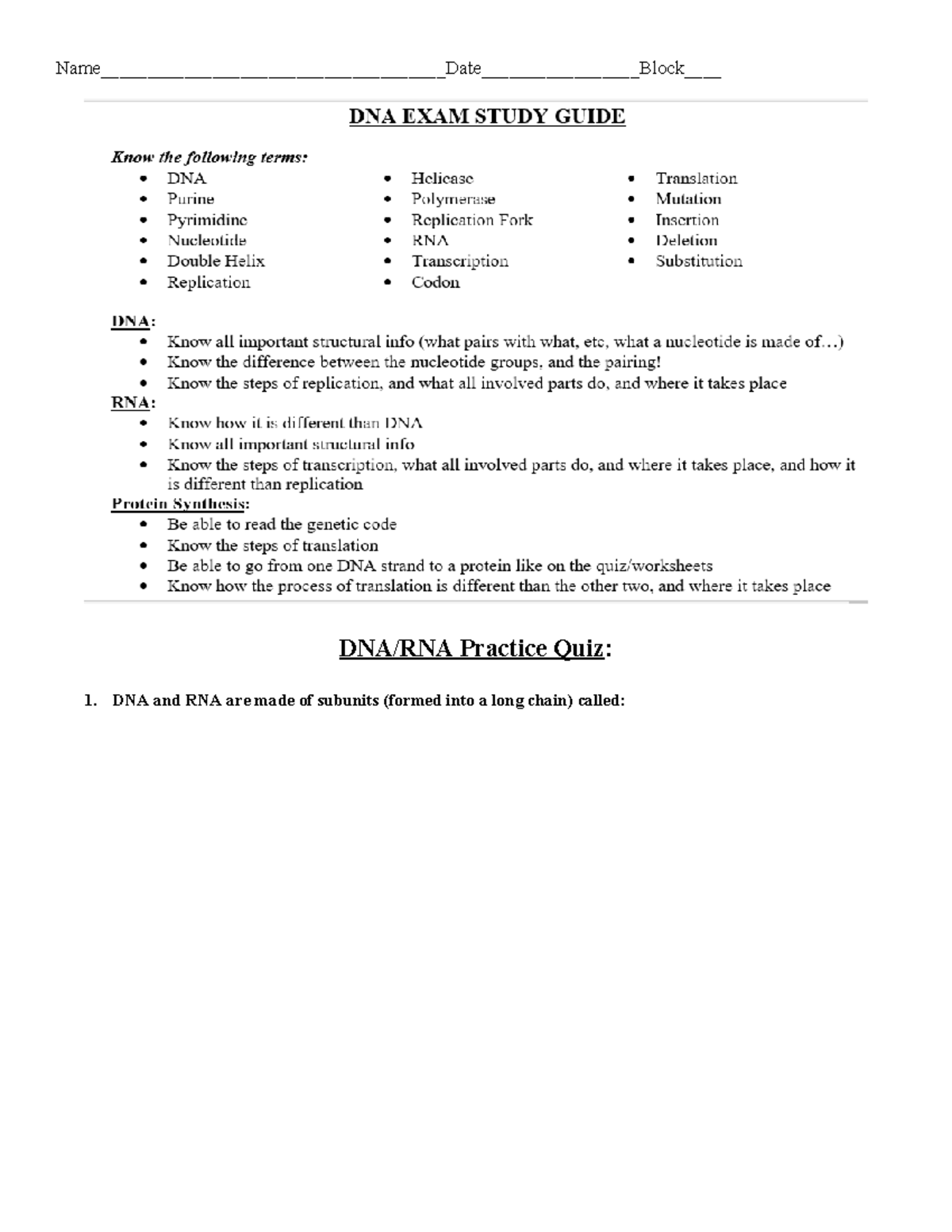 DNA & RNA Study Guide: Key Concepts & Practice Quiz - Studocu